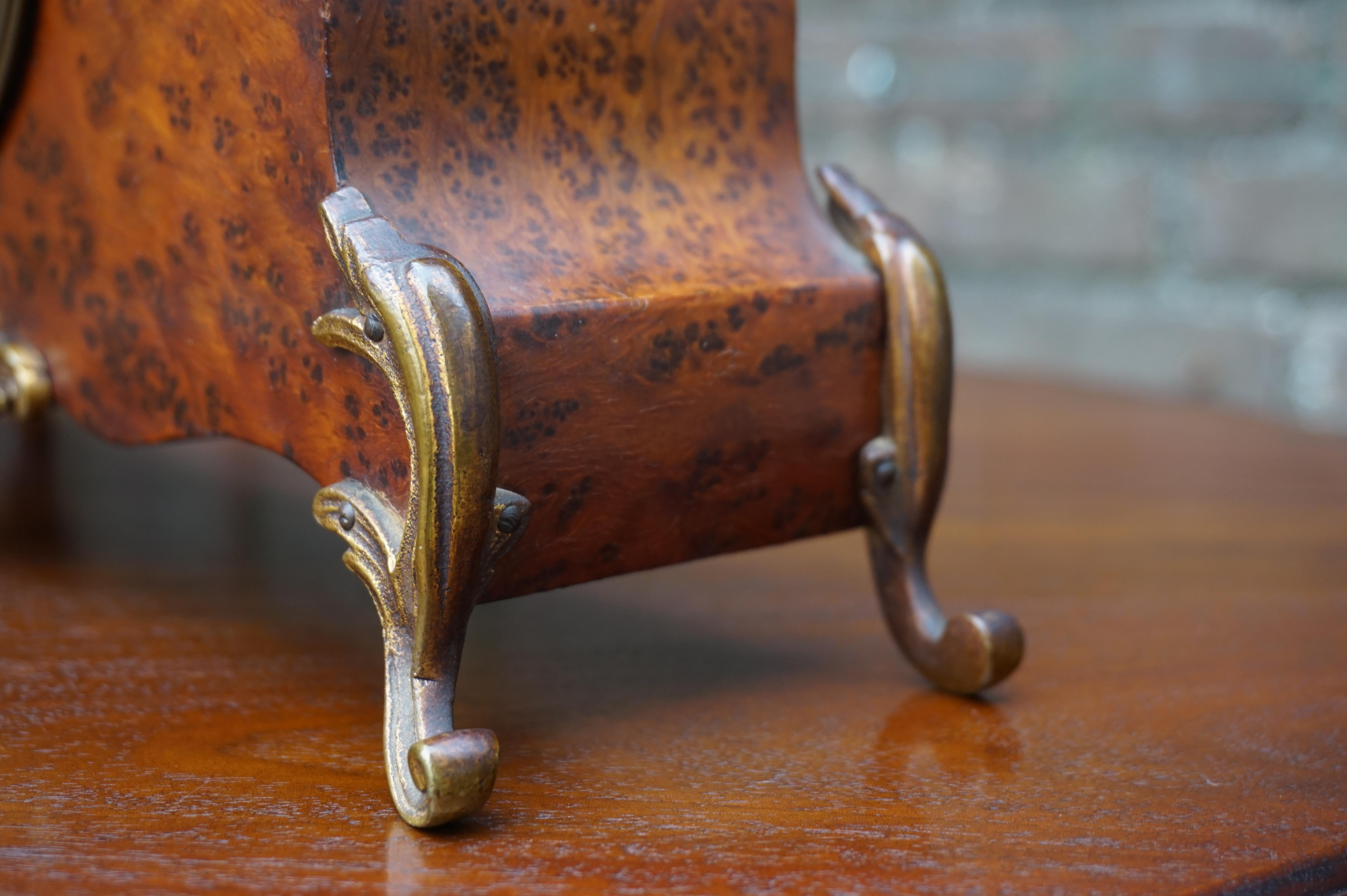 Dutch Stunning Burl Walnut Table or Mantel Clock with Stylish Bronze Feet & Ornaments