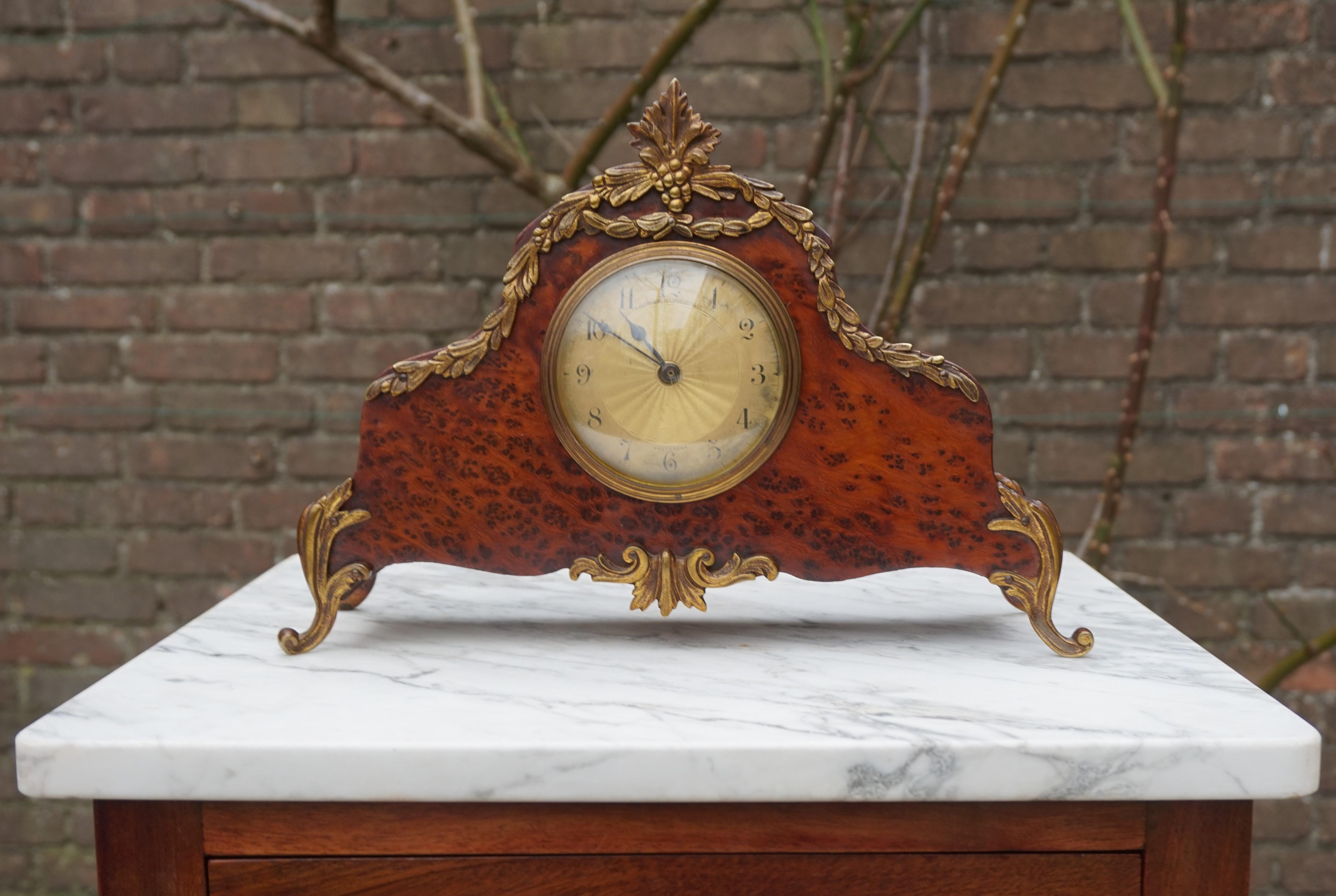 Hand-Crafted Stunning Burl Walnut Table or Mantel Clock with Stylish Bronze Feet & Ornaments