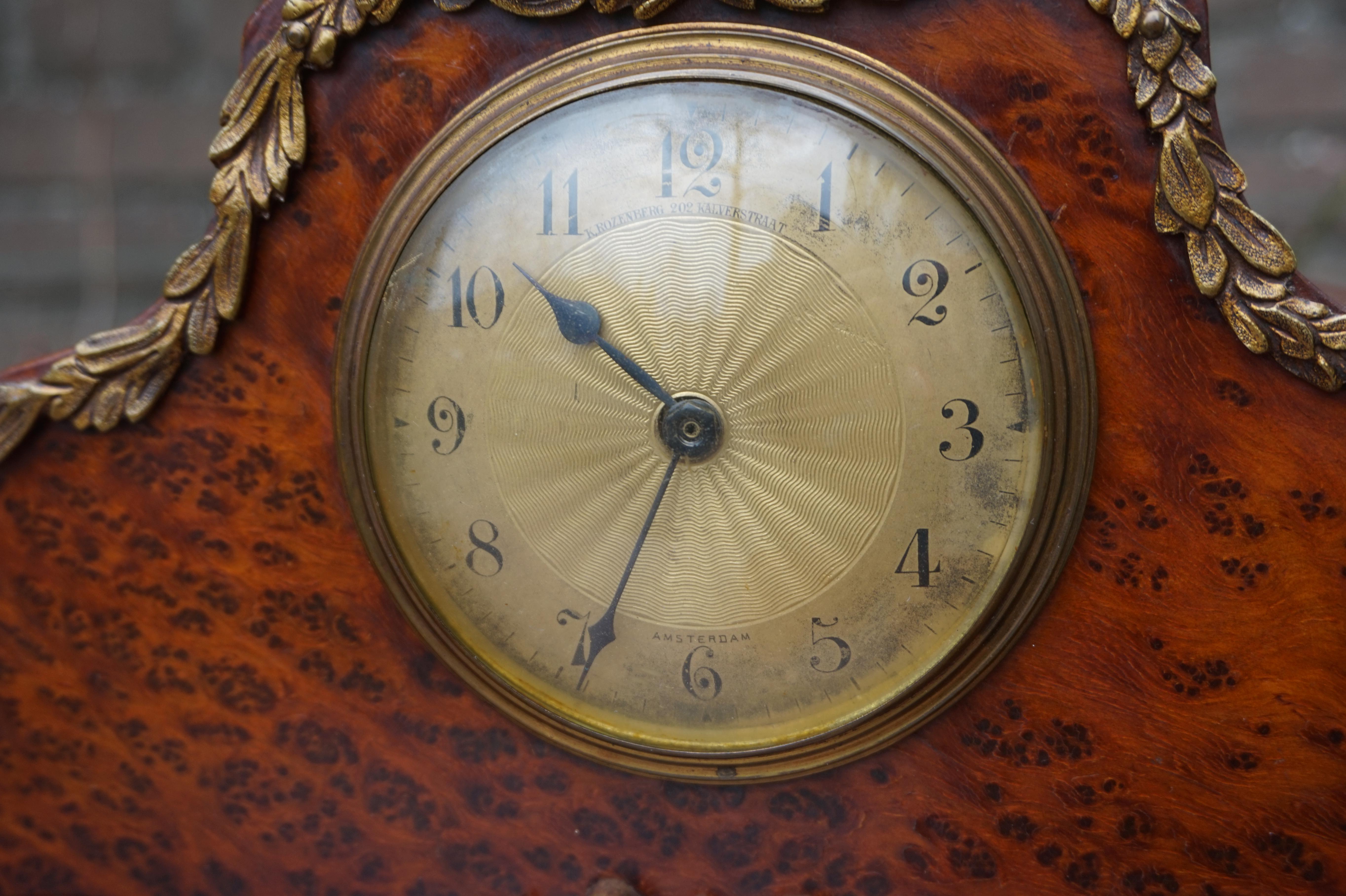20th Century Stunning Burl Walnut Table or Mantel Clock with Stylish Bronze Feet & Ornaments