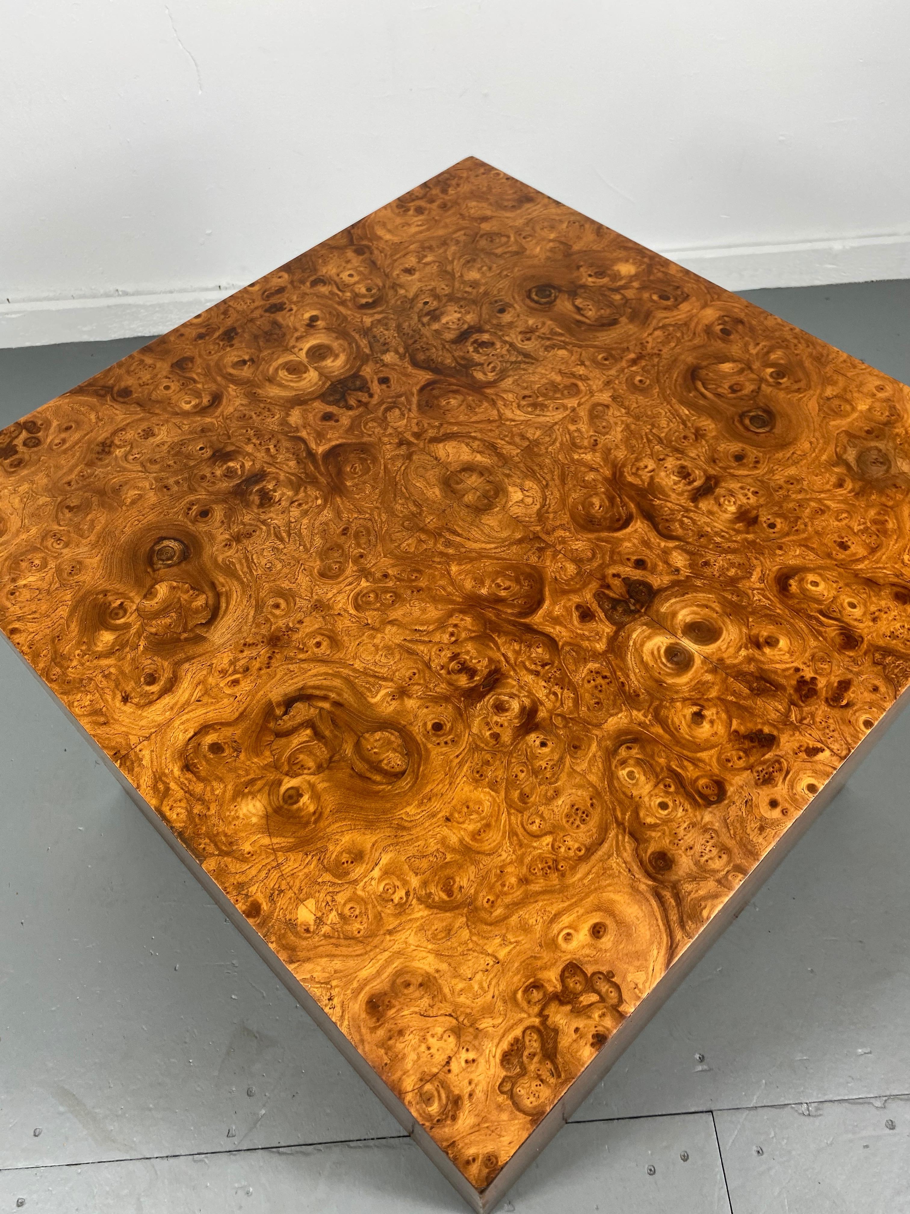 Stunning burl wood cube table / pedestal by Milo Baughman, retains original finish /patina, Wonderful condition. Classic modernist design, hand delivery avail to New York City or anywhere en route from Buffalo NY.