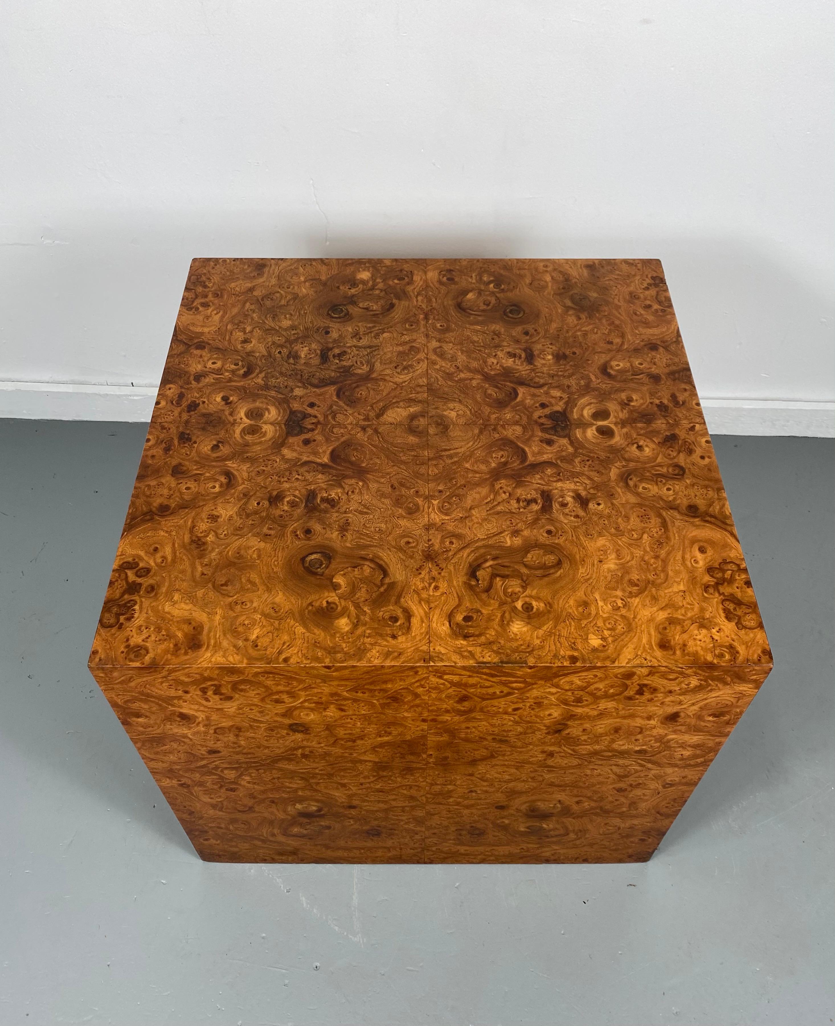 American Stunning Burl Wood Cube Table / Pedestal by Milo Baughman