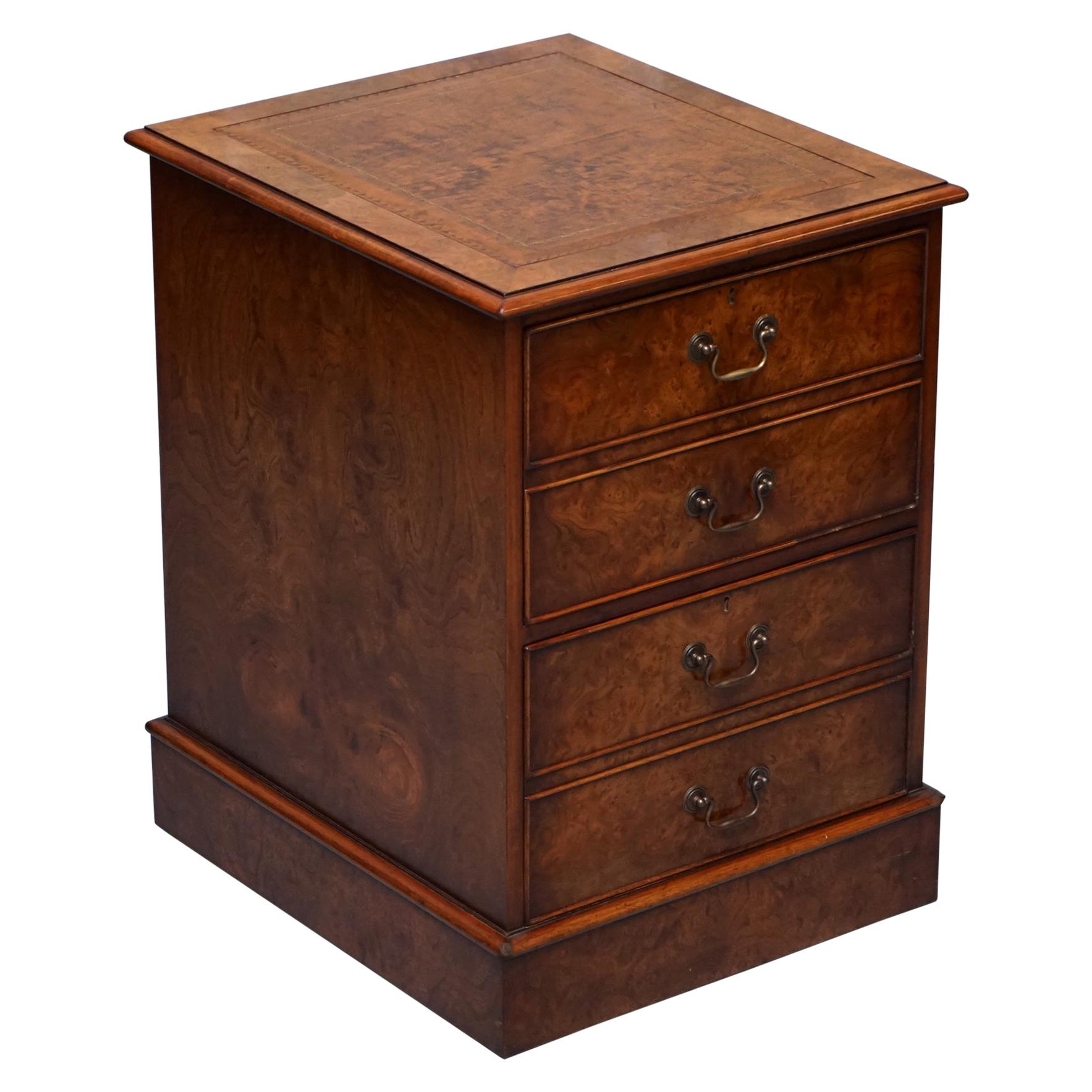 Stunning Burr Elm Brown Leather Topped Filing Cabinet