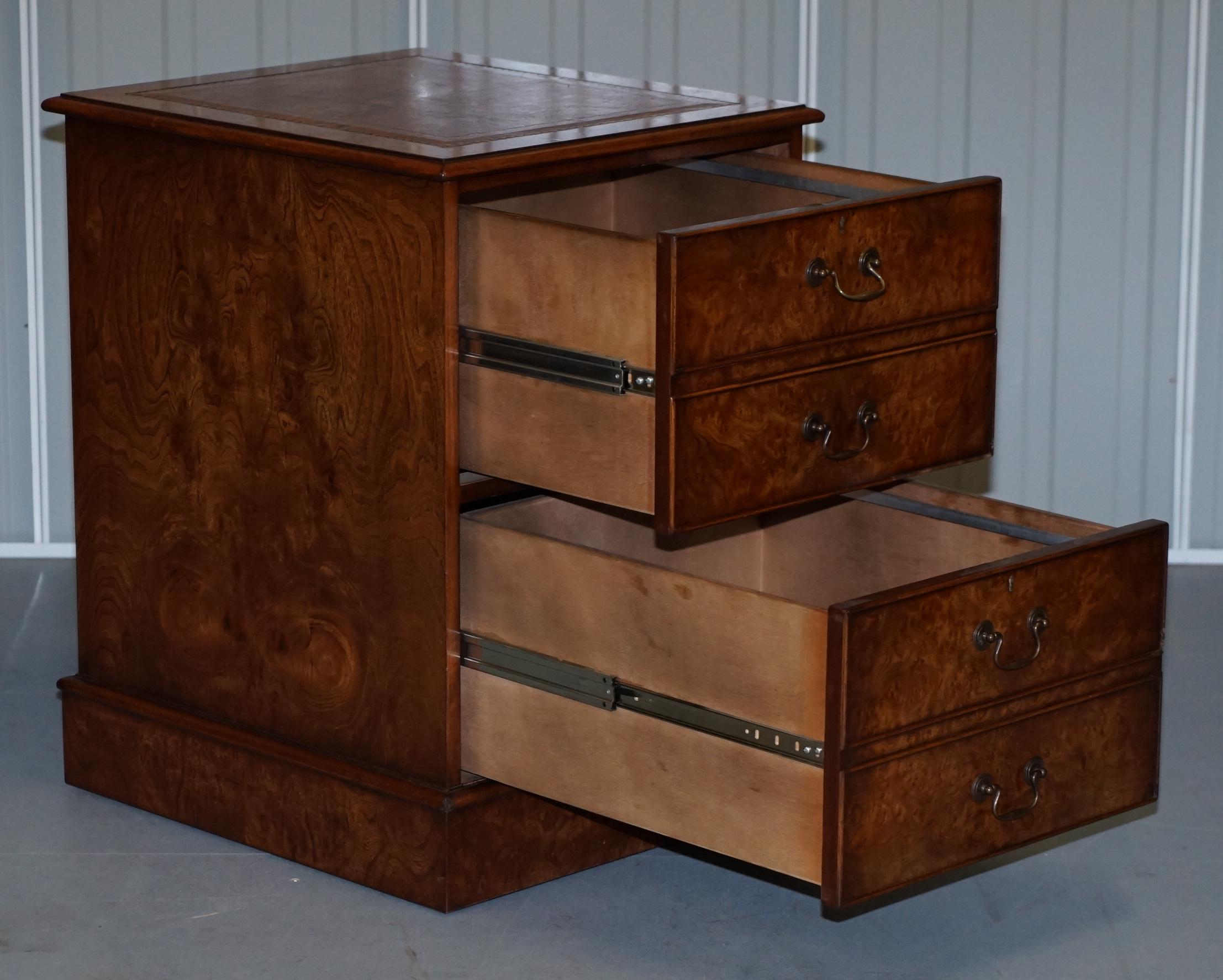 Stunning Burr Elm Brown Leather Topped Filing Cabinet 7