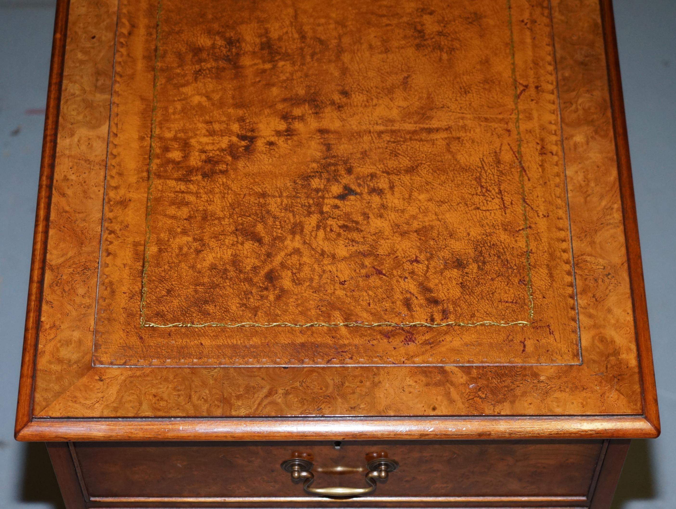 Hand-Crafted Stunning Burr Elm Brown Leather Topped Filing Cabinet