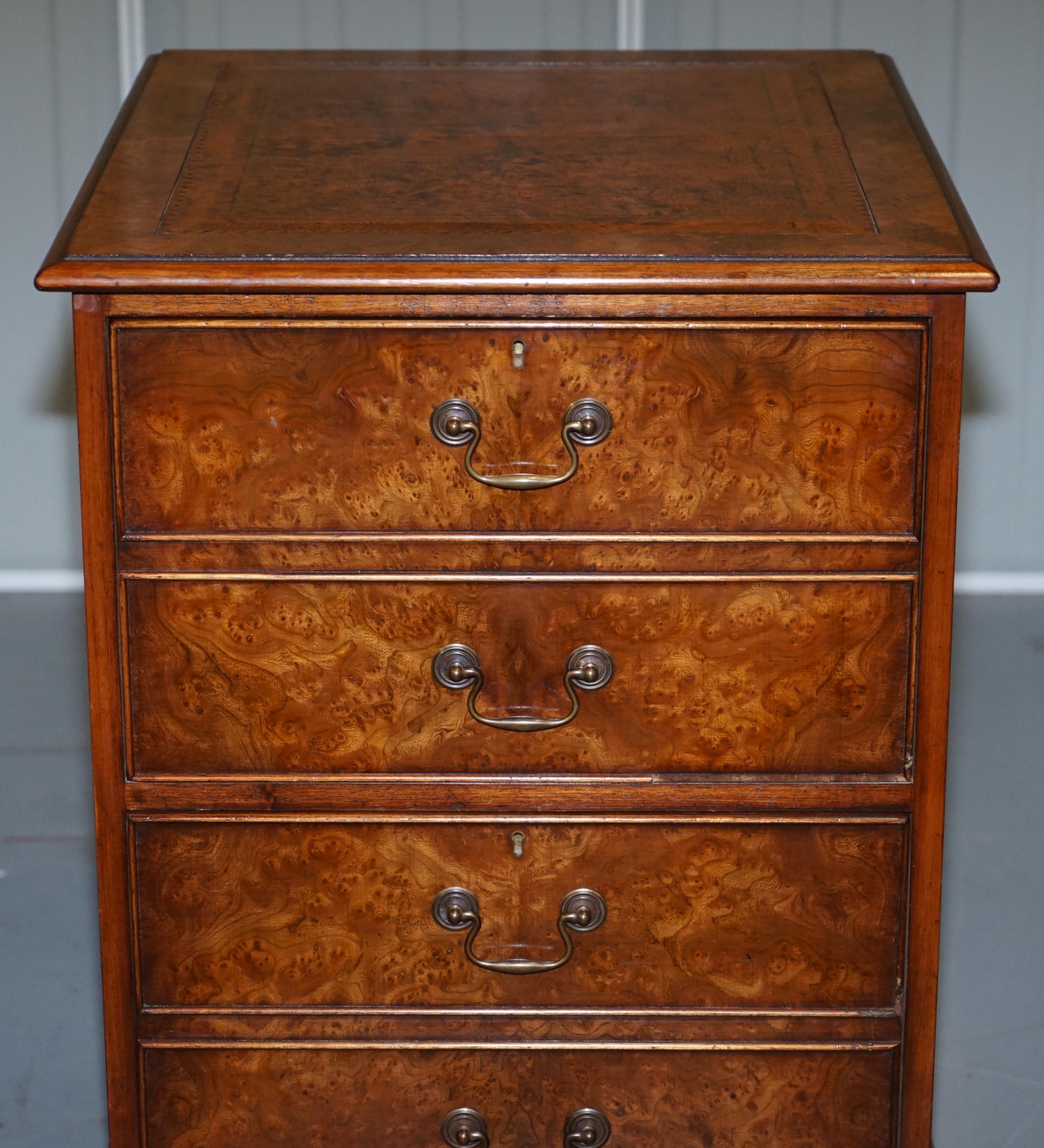 Stunning Burr Elm Brown Leather Topped Filing Cabinet 1