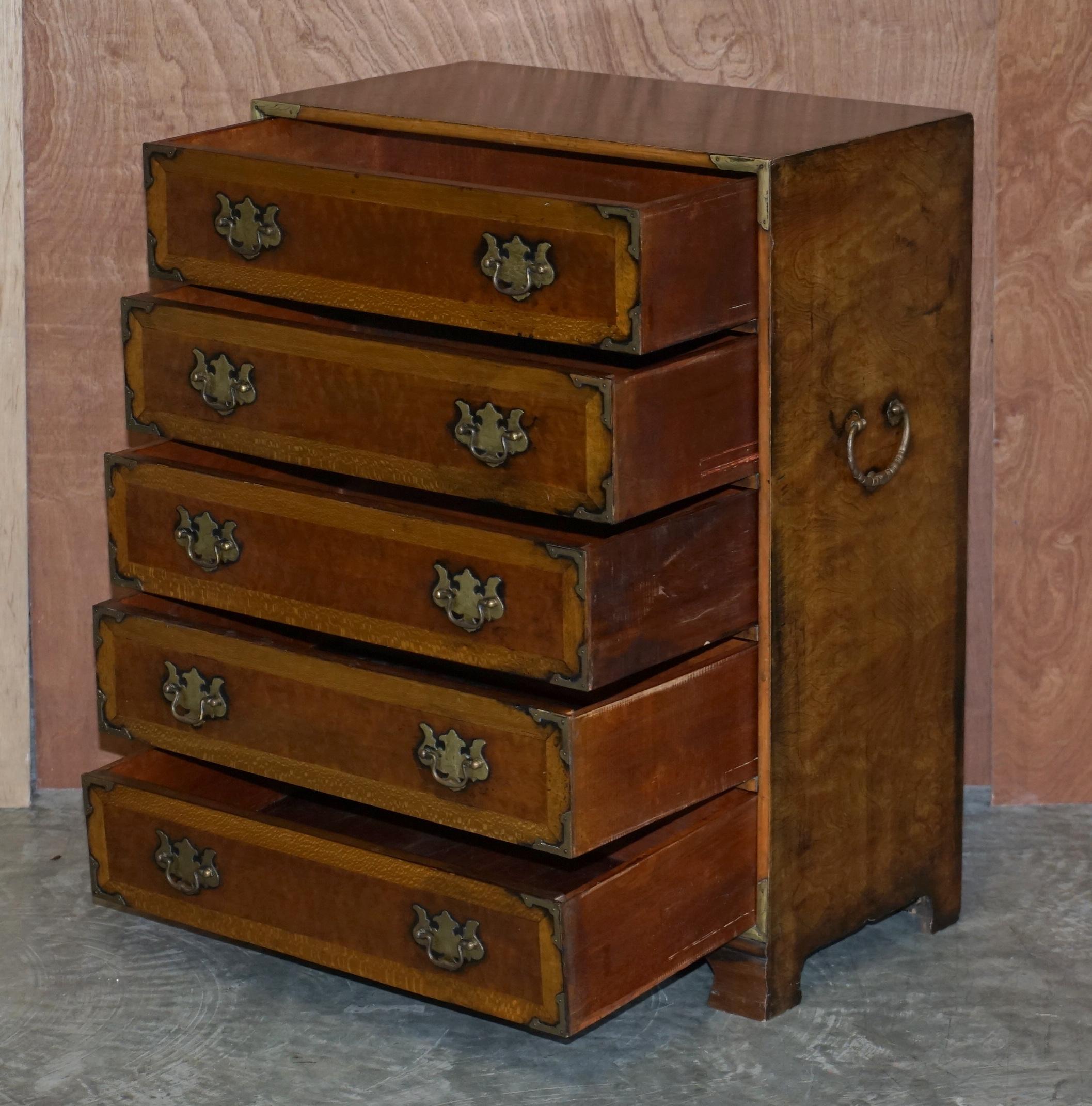 Stunning Burr Elm Chest of Drawers with Oversized Military Campaign Handles For Sale 7