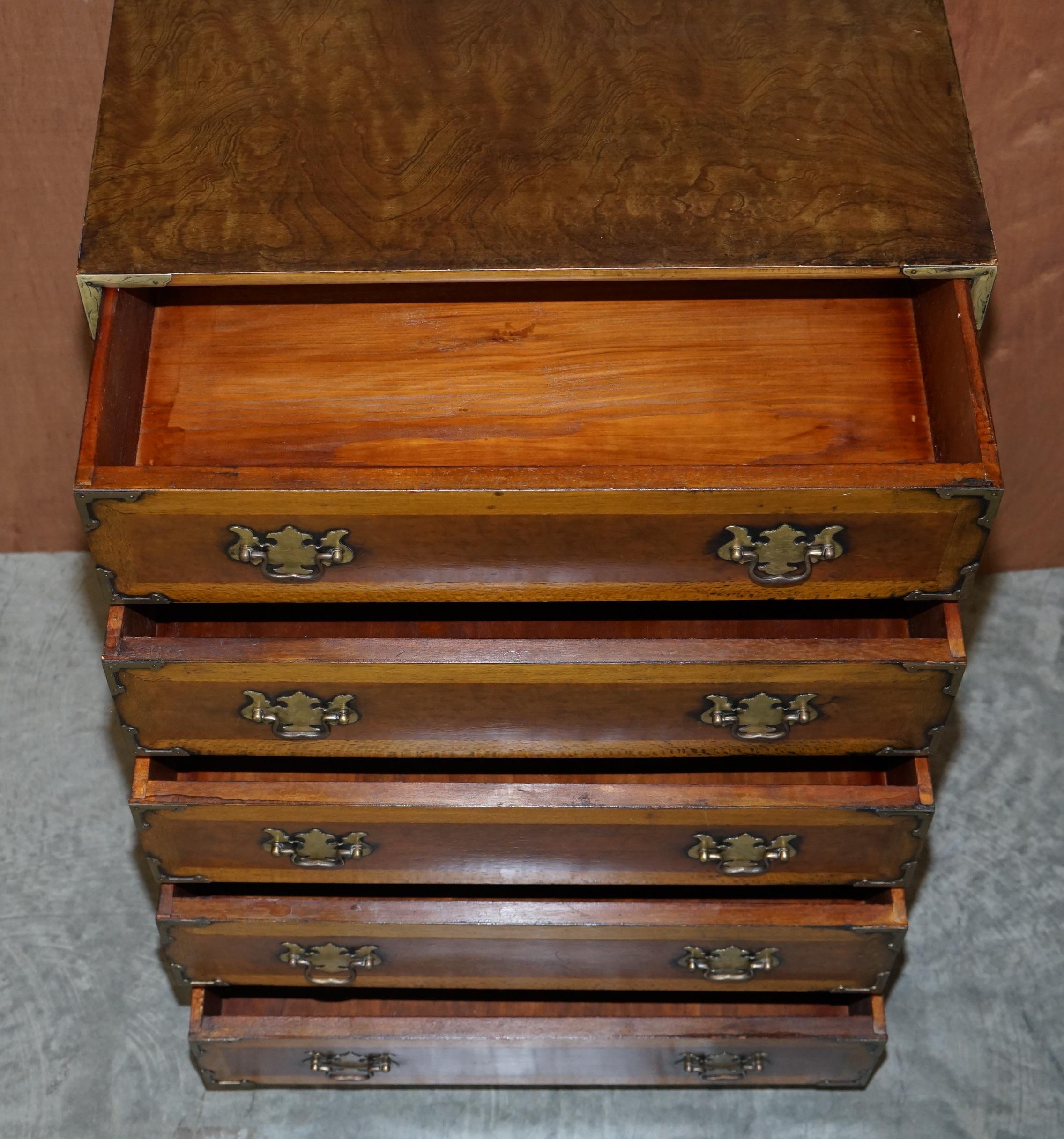 Stunning Burr Elm Chest of Drawers with Oversized Military Campaign Handles For Sale 8