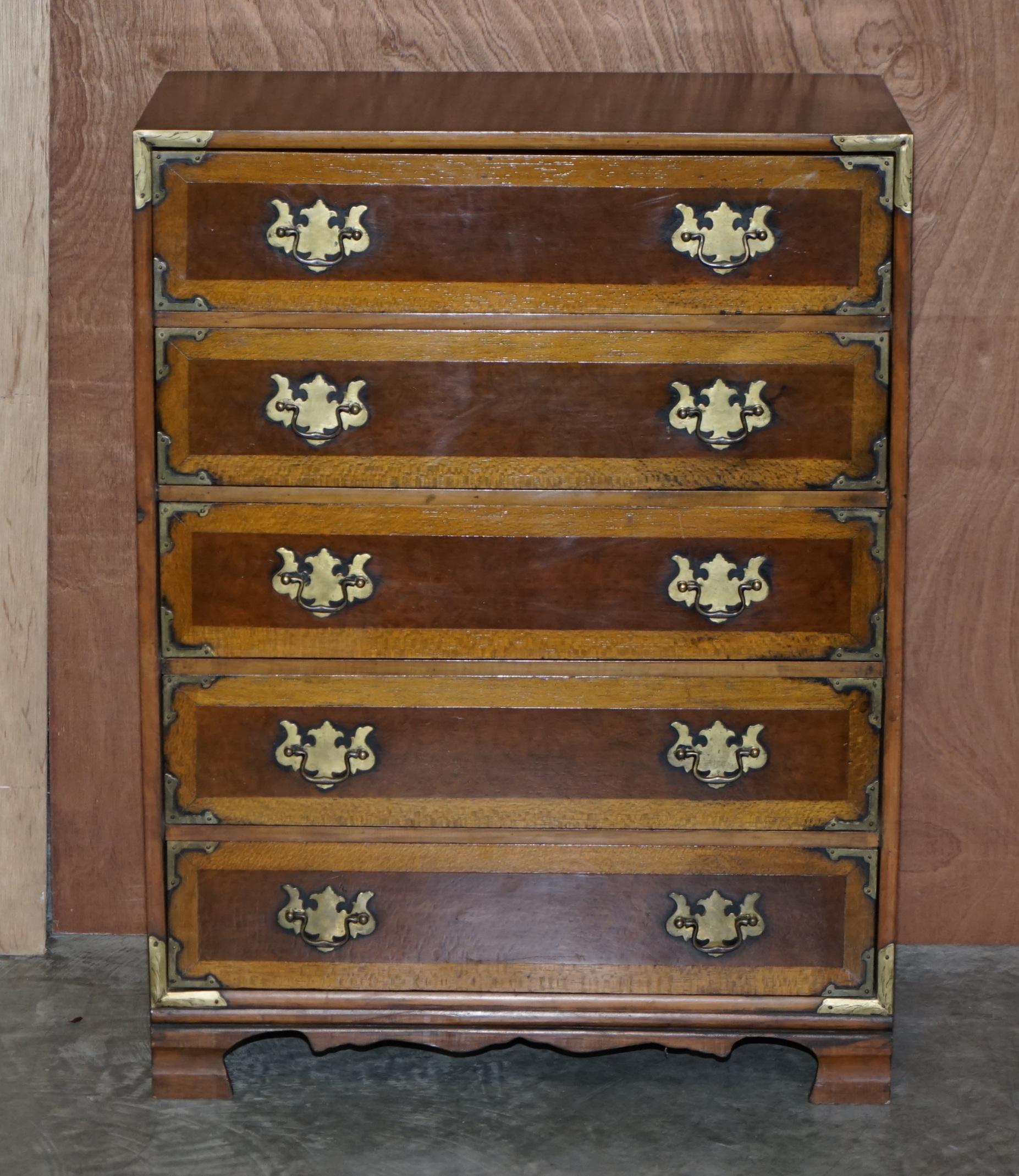 We are delighted to offer for sale this stunning military campaign style burr elm Theodore Alexander chest of drawers

A very good looking and well-made piece, the side handles have the look and feel of late Victorian campaign handles. The