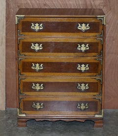 Stunning Burr Elm Chest of Drawers with Oversized Military Campaign Handles