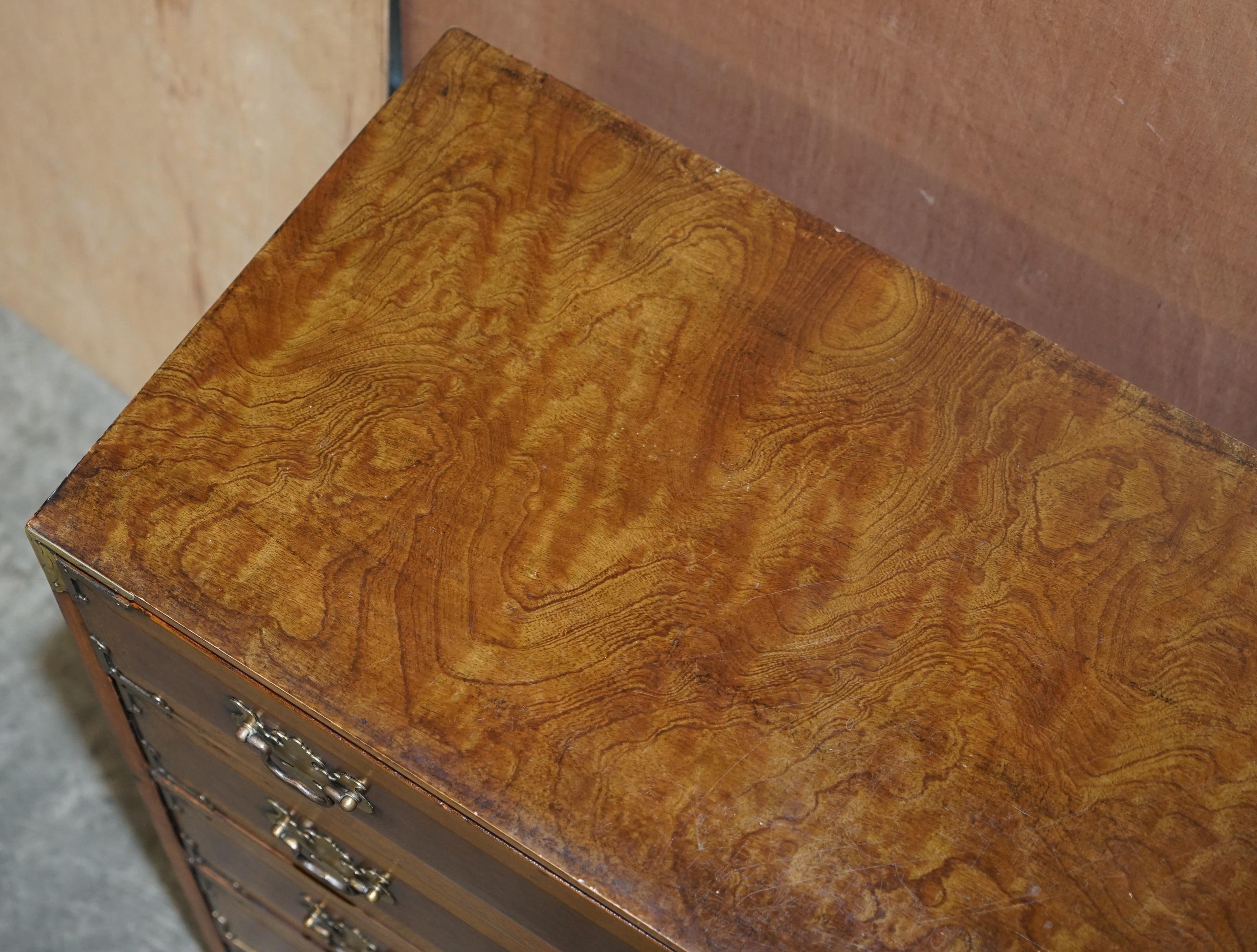 English Stunning Burr Elm Chest of Drawers with Oversized Military Campaign Handles For Sale