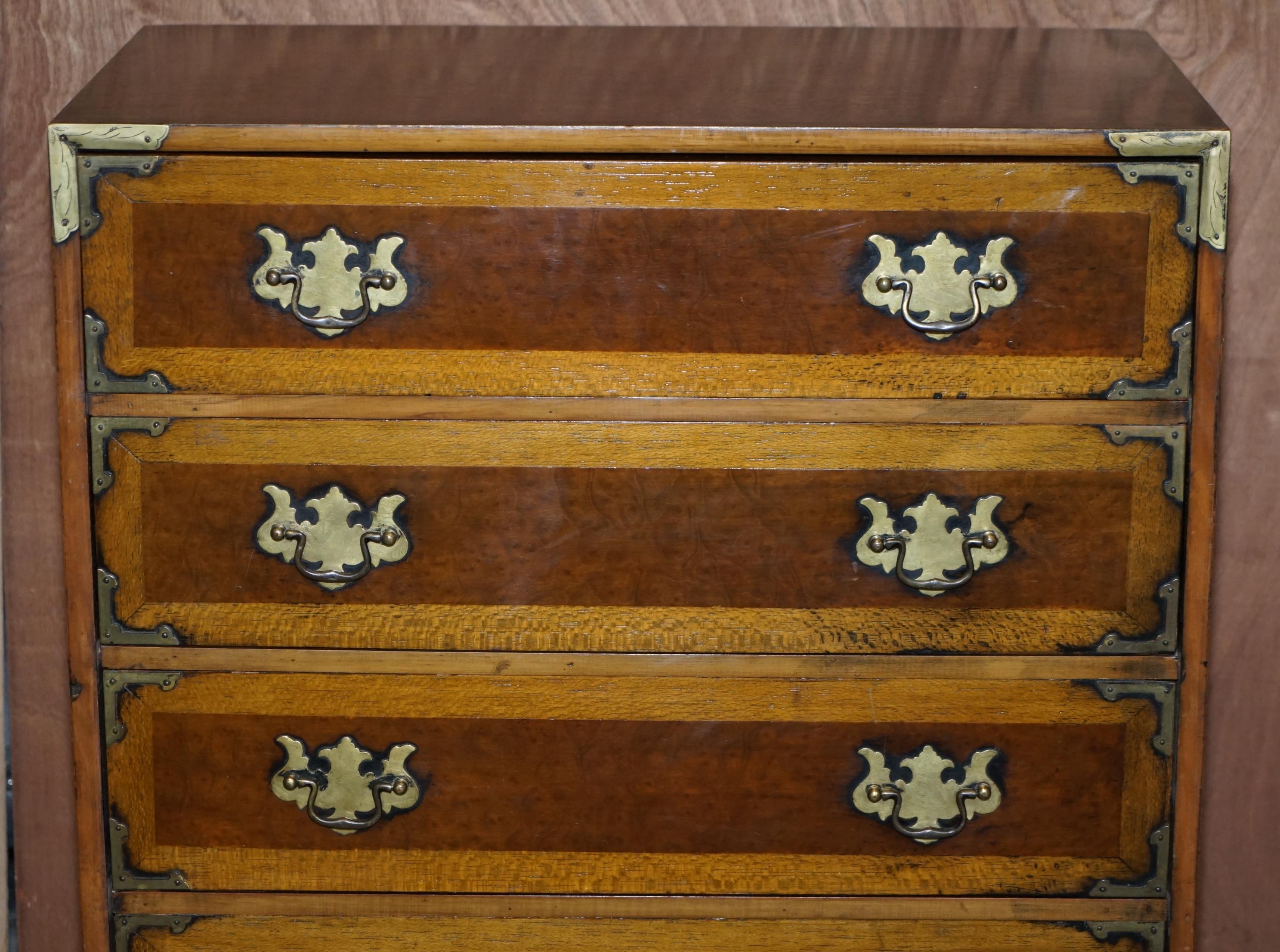 Hand-Crafted Stunning Burr Elm Chest of Drawers with Oversized Military Campaign Handles For Sale