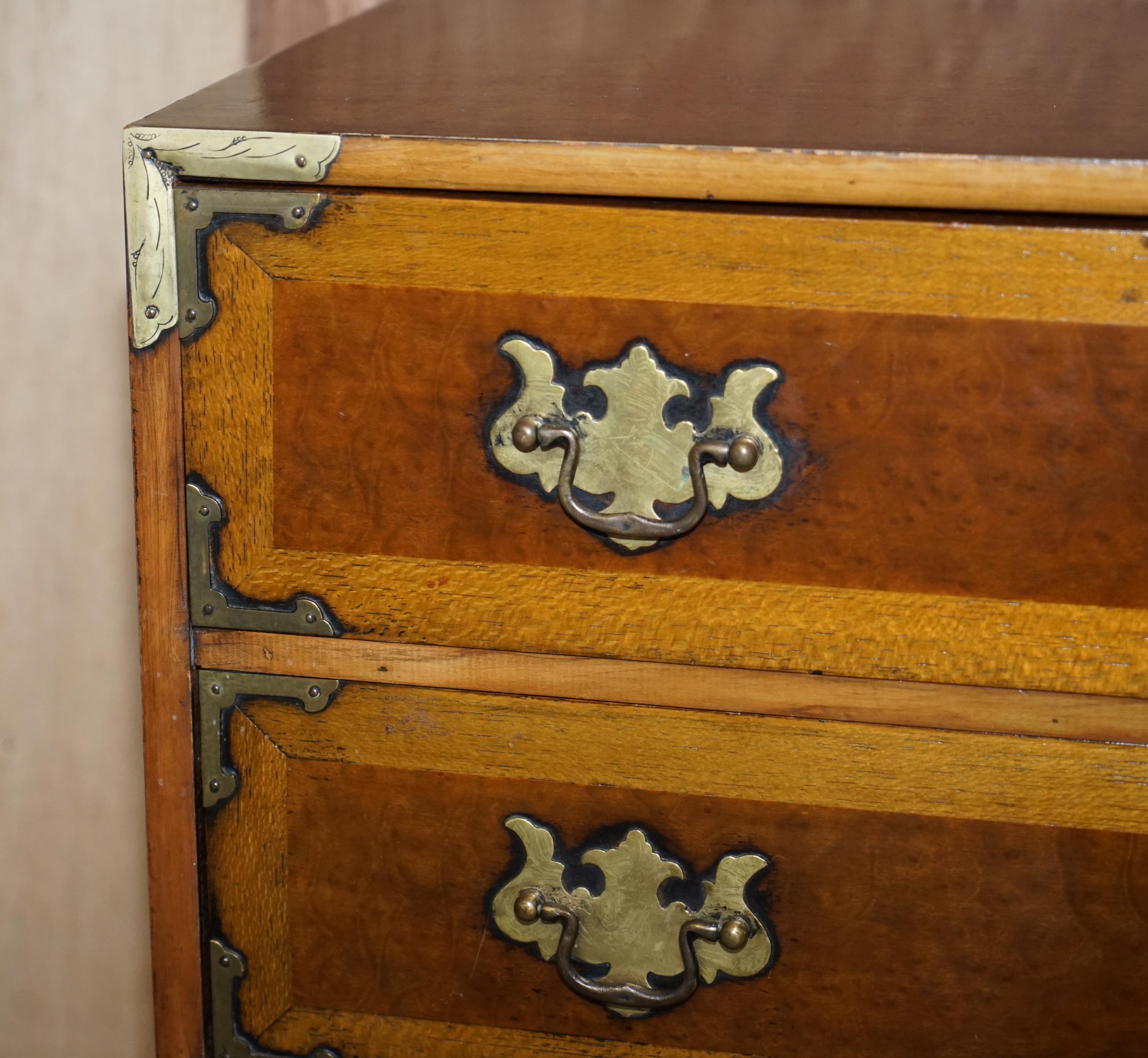 Brass Stunning Burr Elm Chest of Drawers with Oversized Military Campaign Handles For Sale