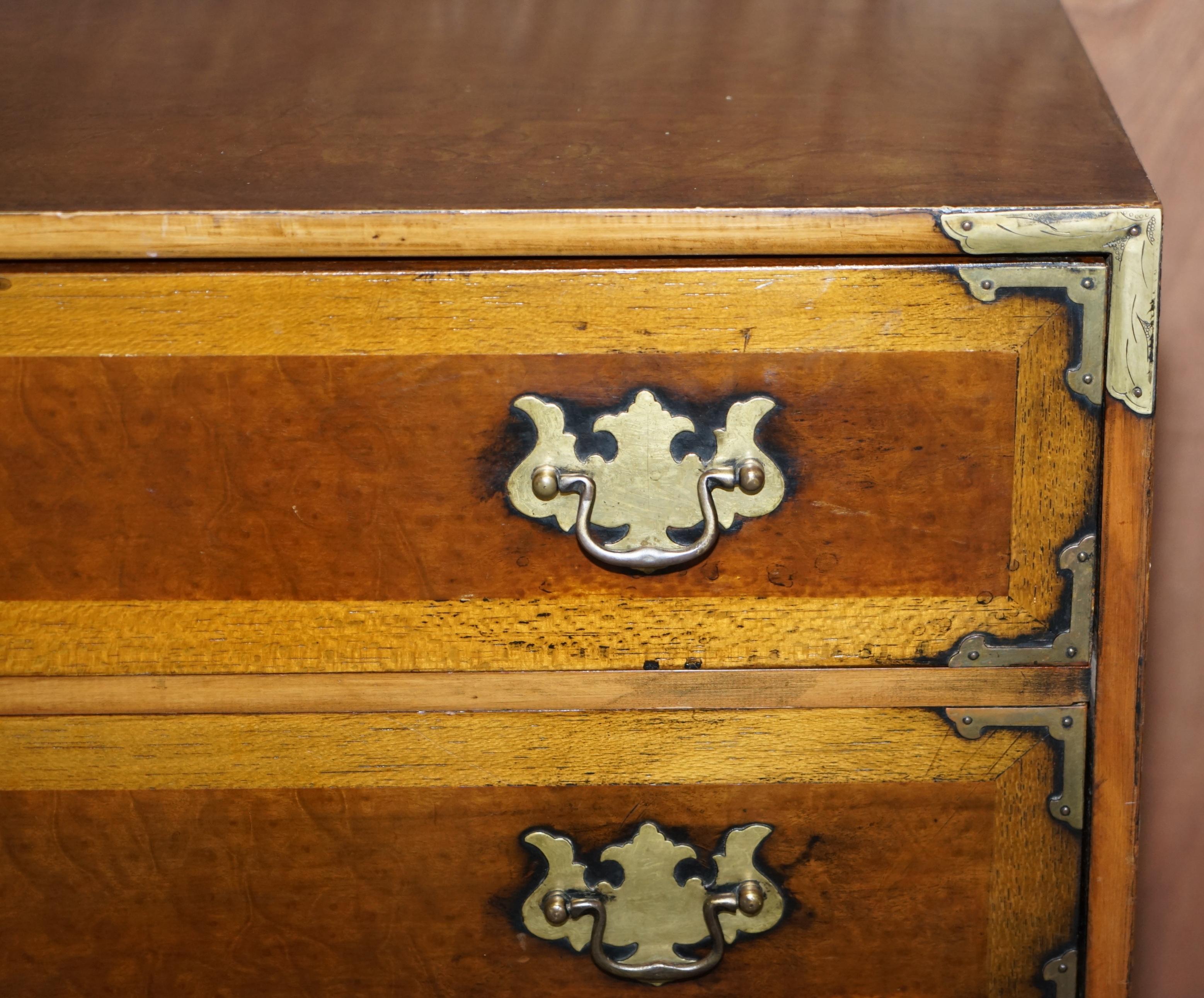 Stunning Burr Elm Chest of Drawers with Oversized Military Campaign Handles For Sale 1