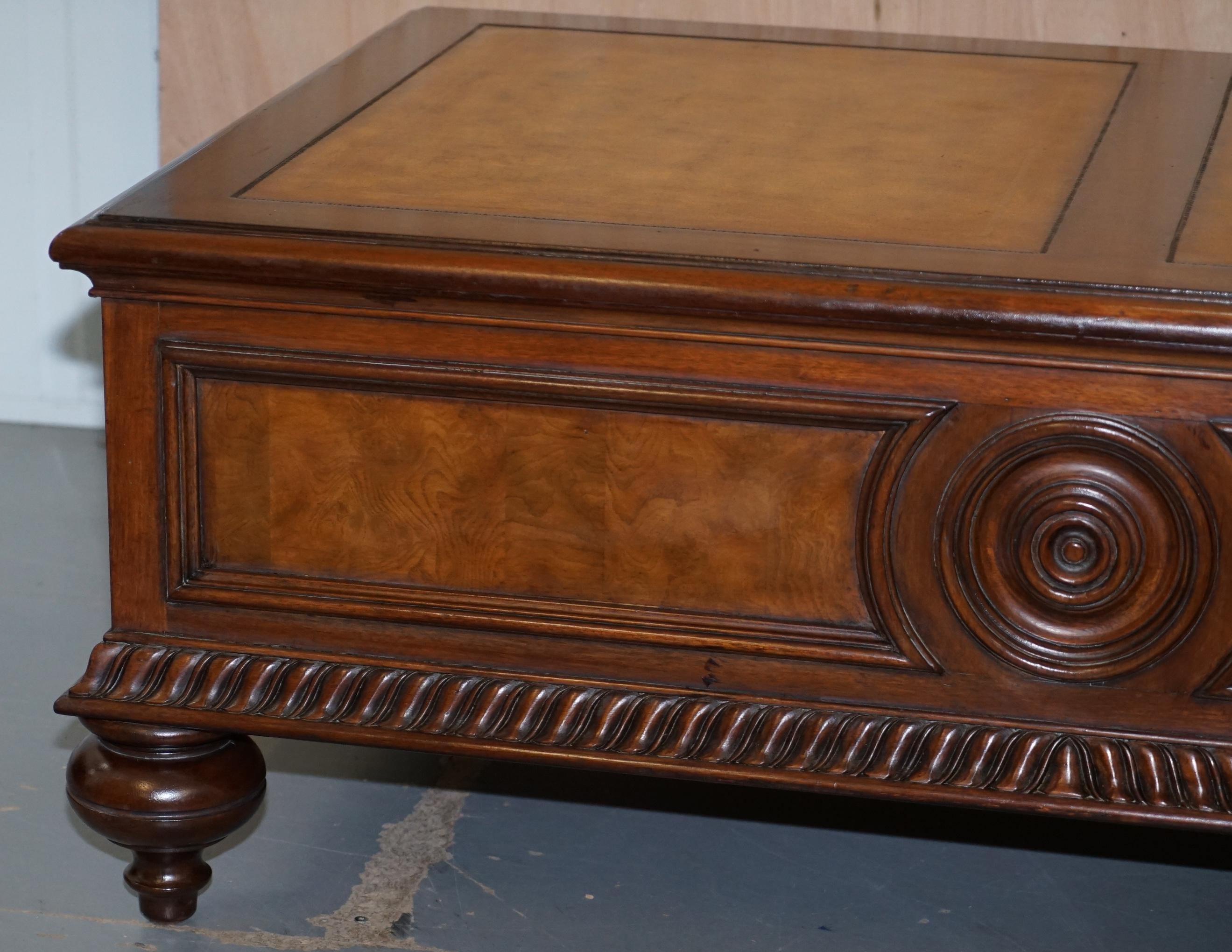 20th Century Stunning Burr Elm Ethan Allen Morley Coffee Table with Brown Leather Top Drawers