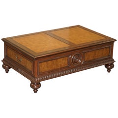 Stunning Burr Elm Ethan Allen Morley Coffee Table with Brown Leather Top Drawers