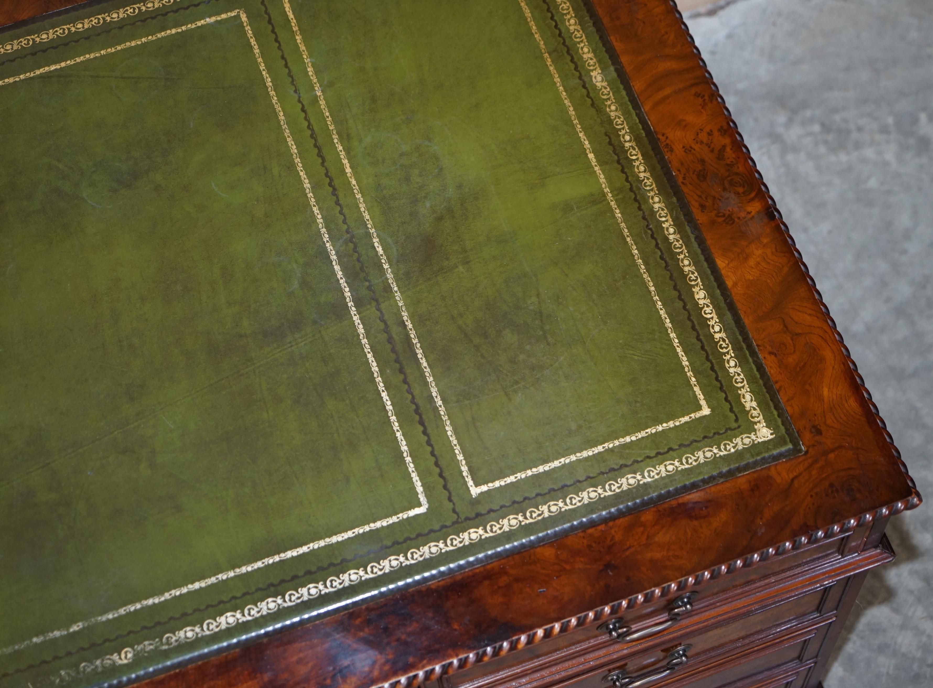 Stunning Burr Elm Green Leather Top Large Twin Pedestal Partner Desk Part Suite For Sale 1