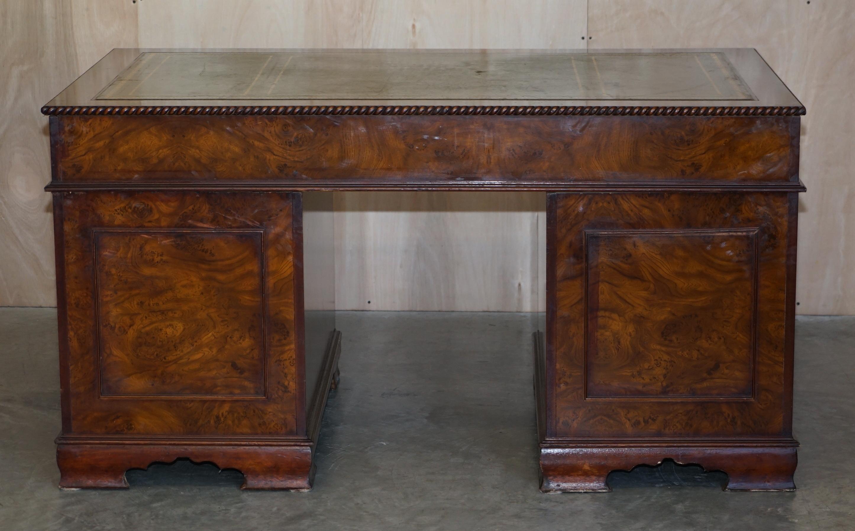Stunning Burr Elm Green Leather Top Large Twin Pedestal Partner Desk Part Suite For Sale 3