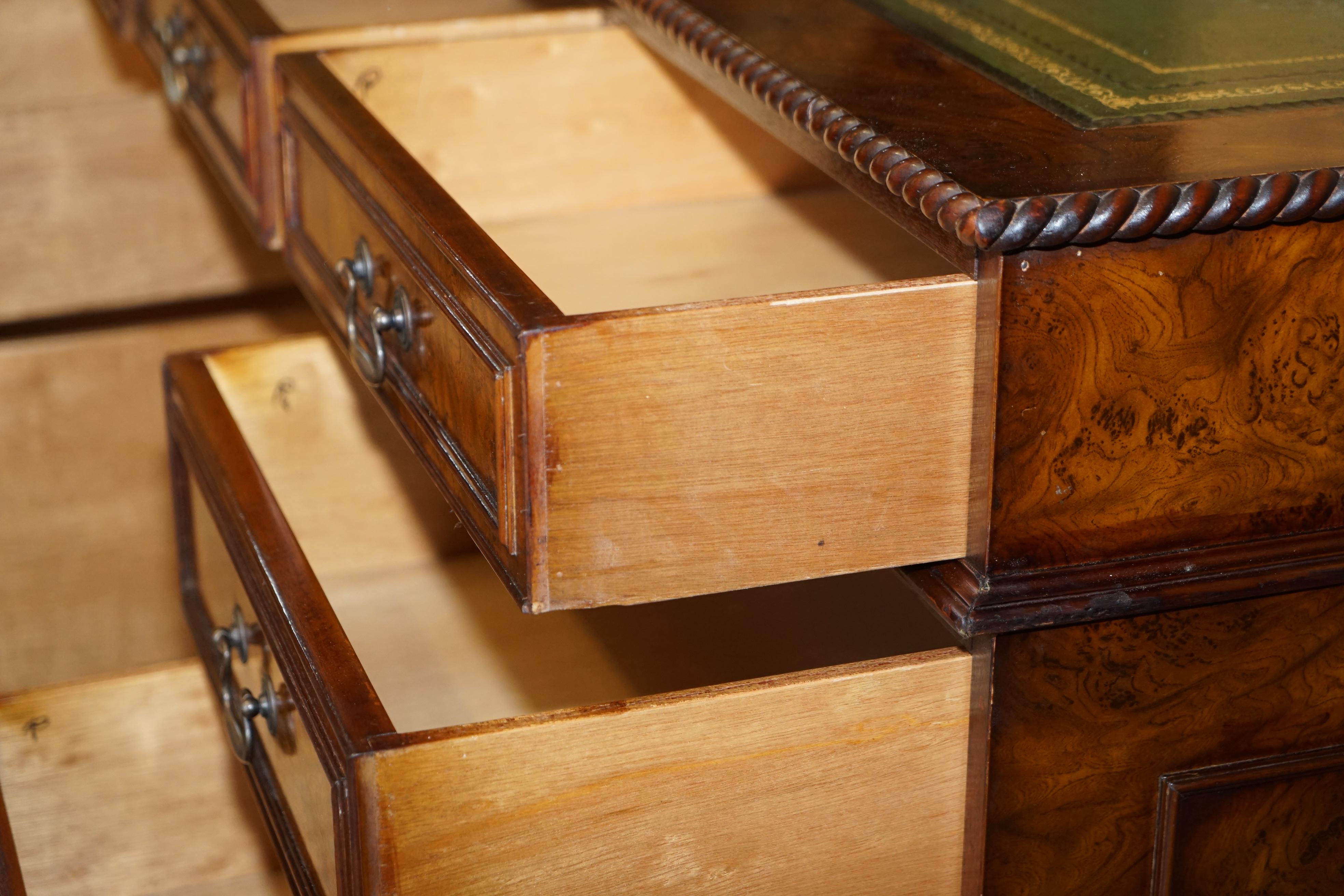 Stunning Burr Elm Green Leather Top Large Twin Pedestal Partner Desk Part Suite in vendita 11