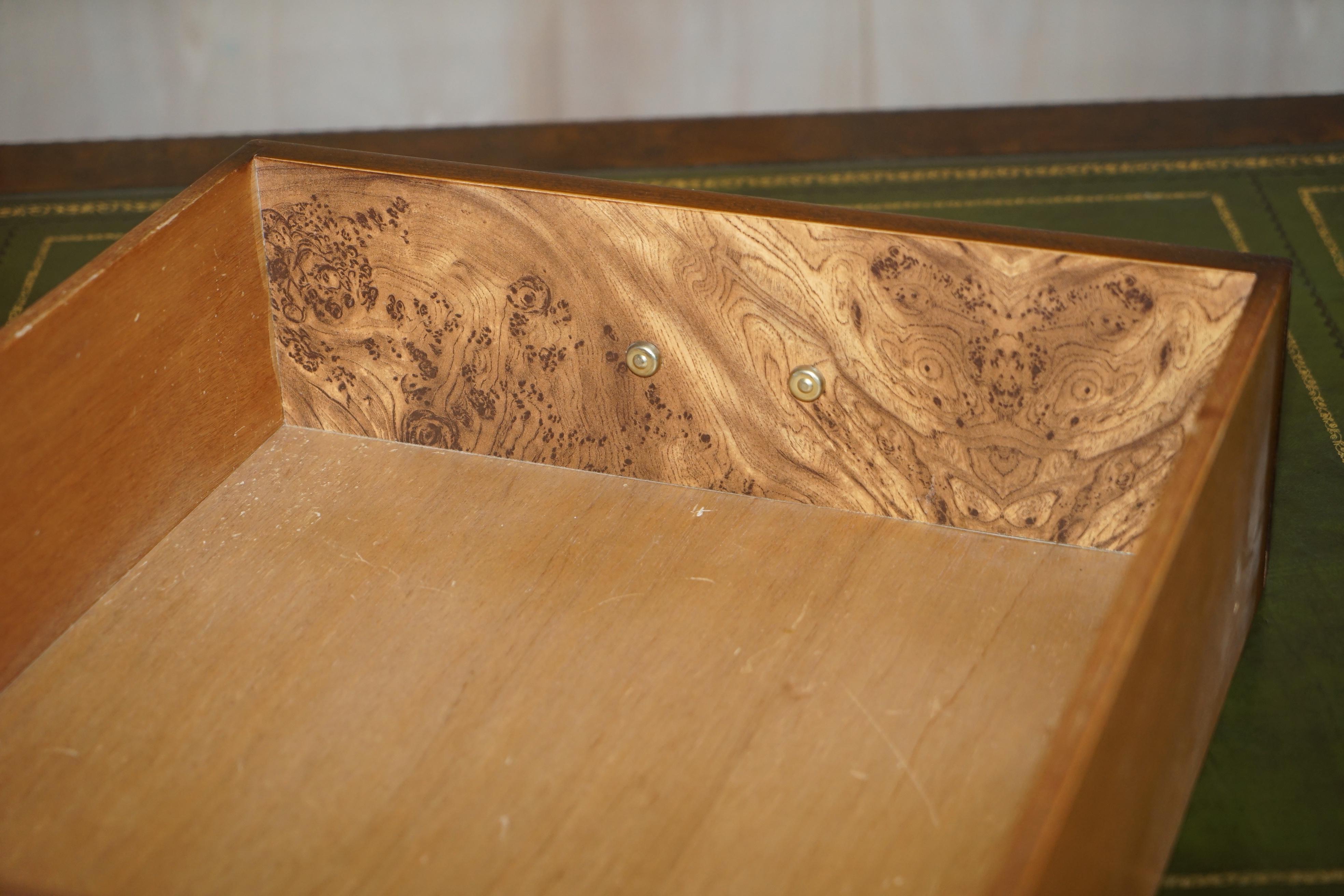 Stunning Burr Elm Green Leather Top Large Twin Pedestal Partner Desk Part Suite For Sale 10