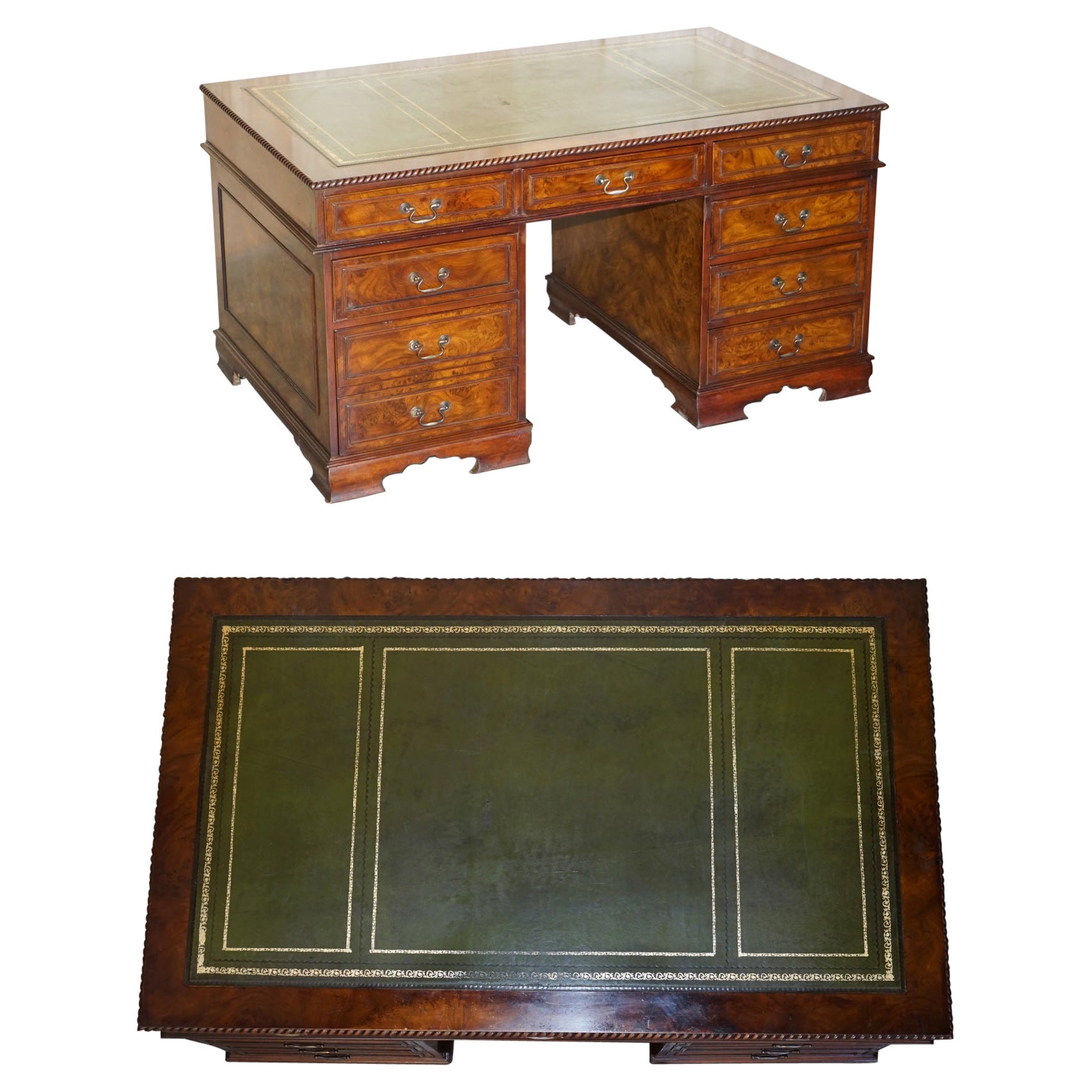 Stunning Burr Elm Green Leather Top Large Twin Pedestal Partner Desk Part Suite