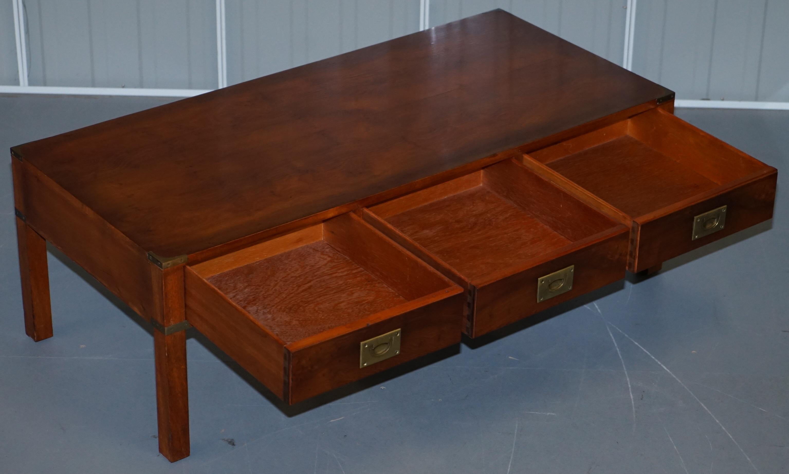 Stunning Burr Elm Harrods Kennedy Military Campaign Coffee Table Three Drawers 7