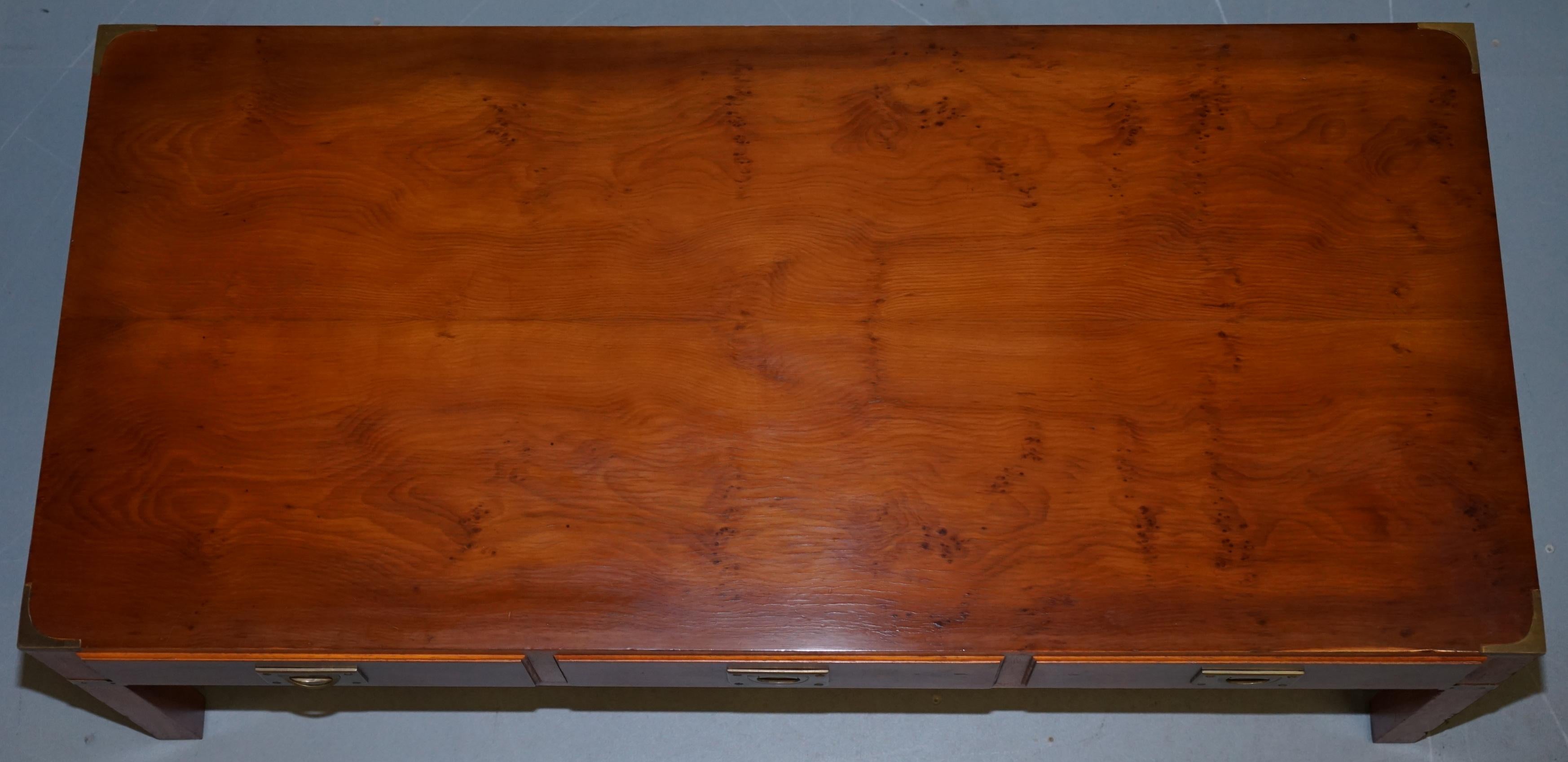 English Stunning Burr Elm Harrods Kennedy Military Campaign Coffee Table Three Drawers