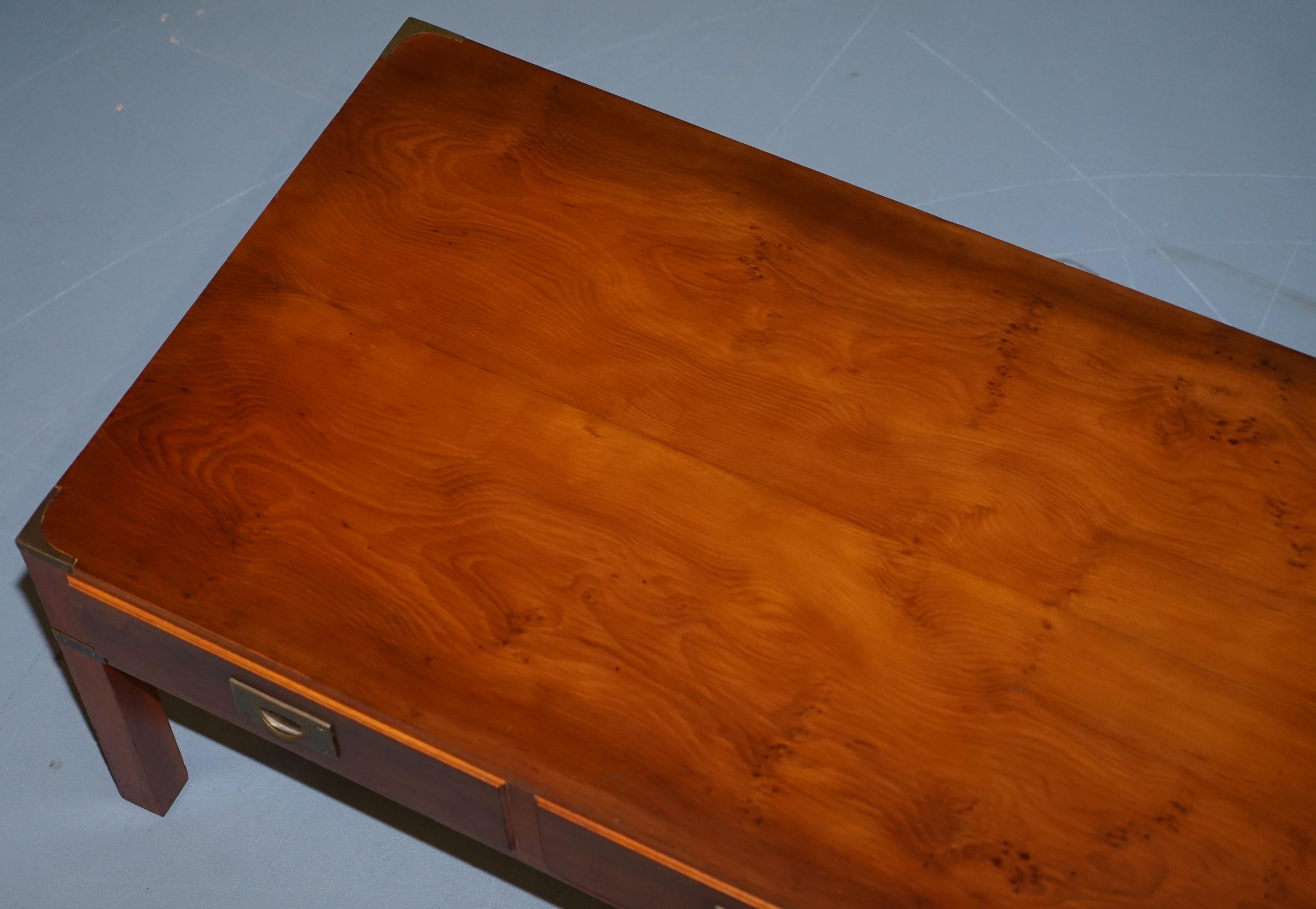 Hand-Crafted Stunning Burr Elm Harrods Kennedy Military Campaign Coffee Table Three Drawers