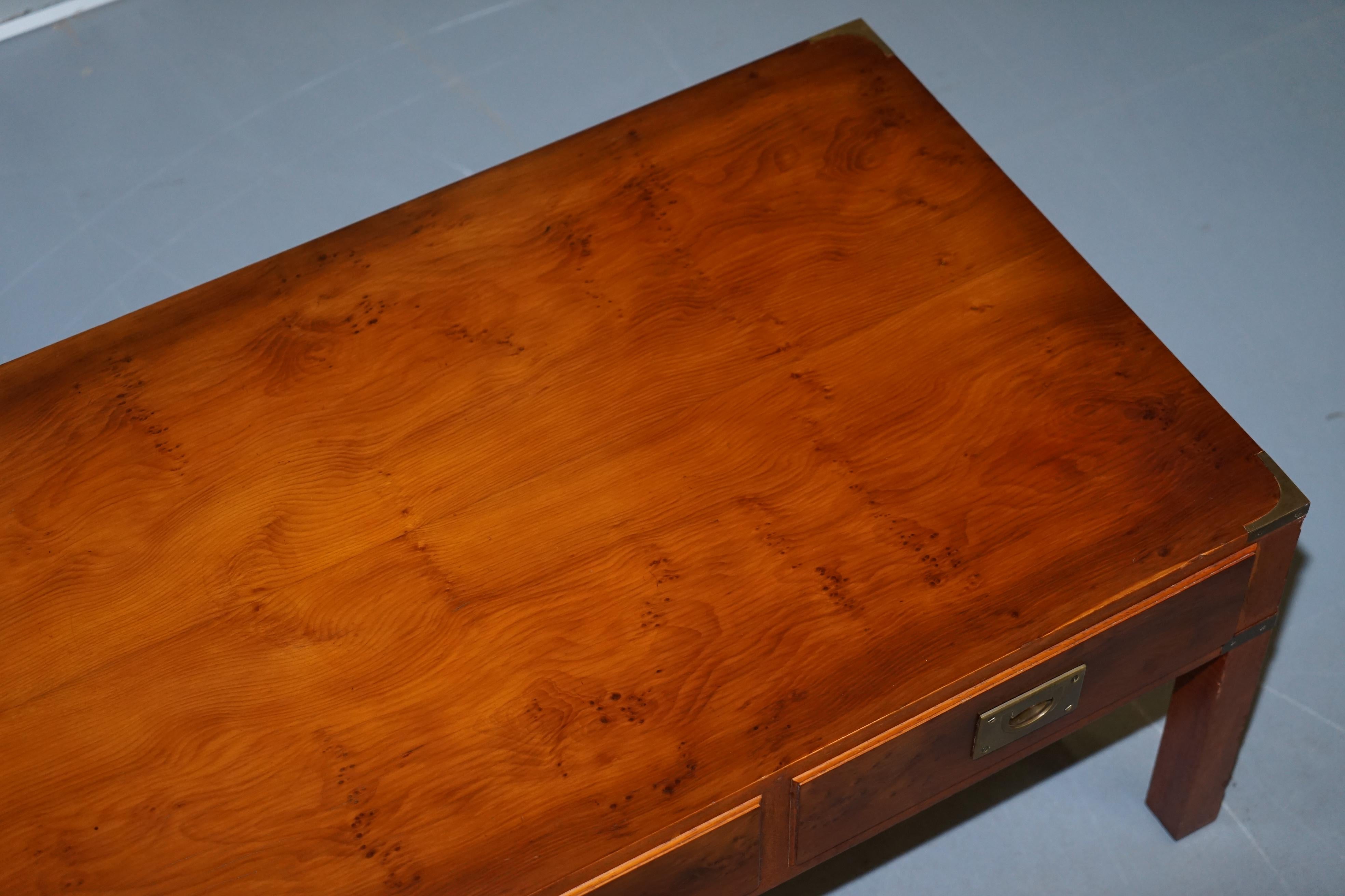 20th Century Stunning Burr Elm Harrods Kennedy Military Campaign Coffee Table Three Drawers