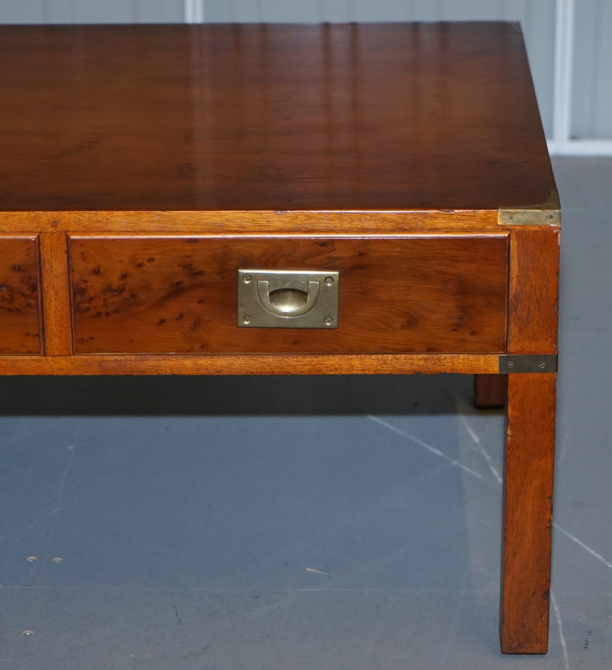 Brass Stunning Burr Elm Harrods Kennedy Military Campaign Coffee Table Three Drawers