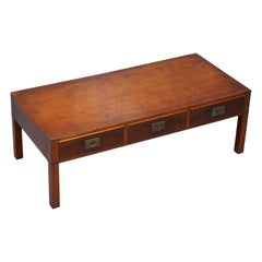 Vintage Stunning Burr Elm Harrods Kennedy Military Campaign Coffee Table Three Drawers