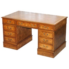 Stunning Burr Elm Twin Pedestal Partner Desk with Brown Leather Top Part Suite
