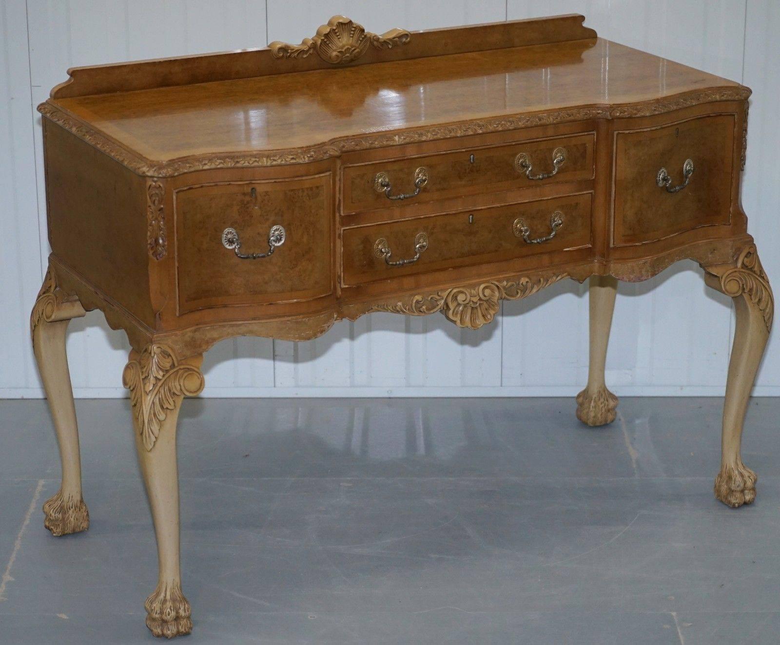 Chippendale Stunning Burr Walnut Art Deco Sideboard Lion Hairy Paw Feet Cabriolet Legs