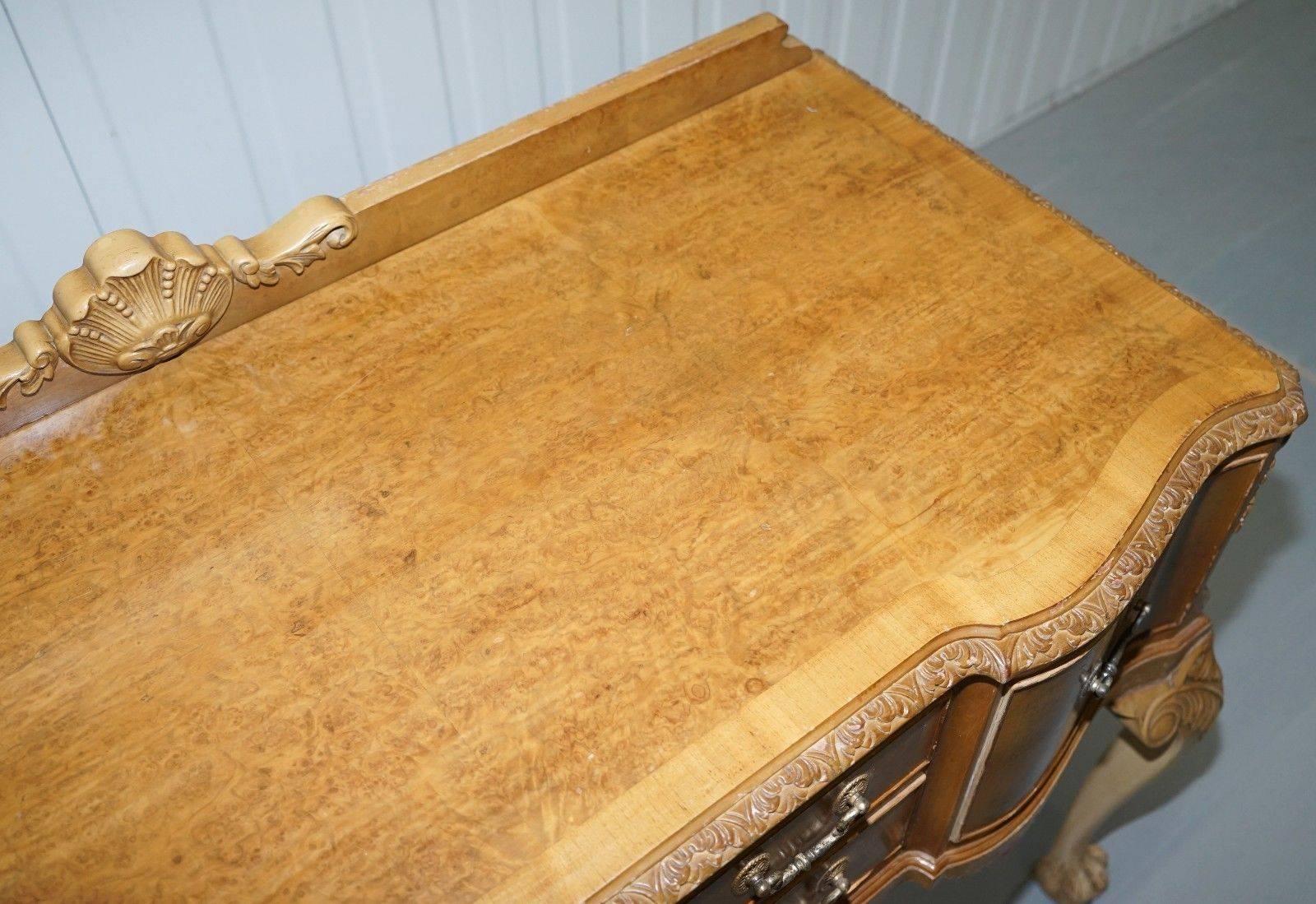 20th Century Stunning Burr Walnut Art Deco Sideboard Lion Hairy Paw Feet Cabriolet Legs