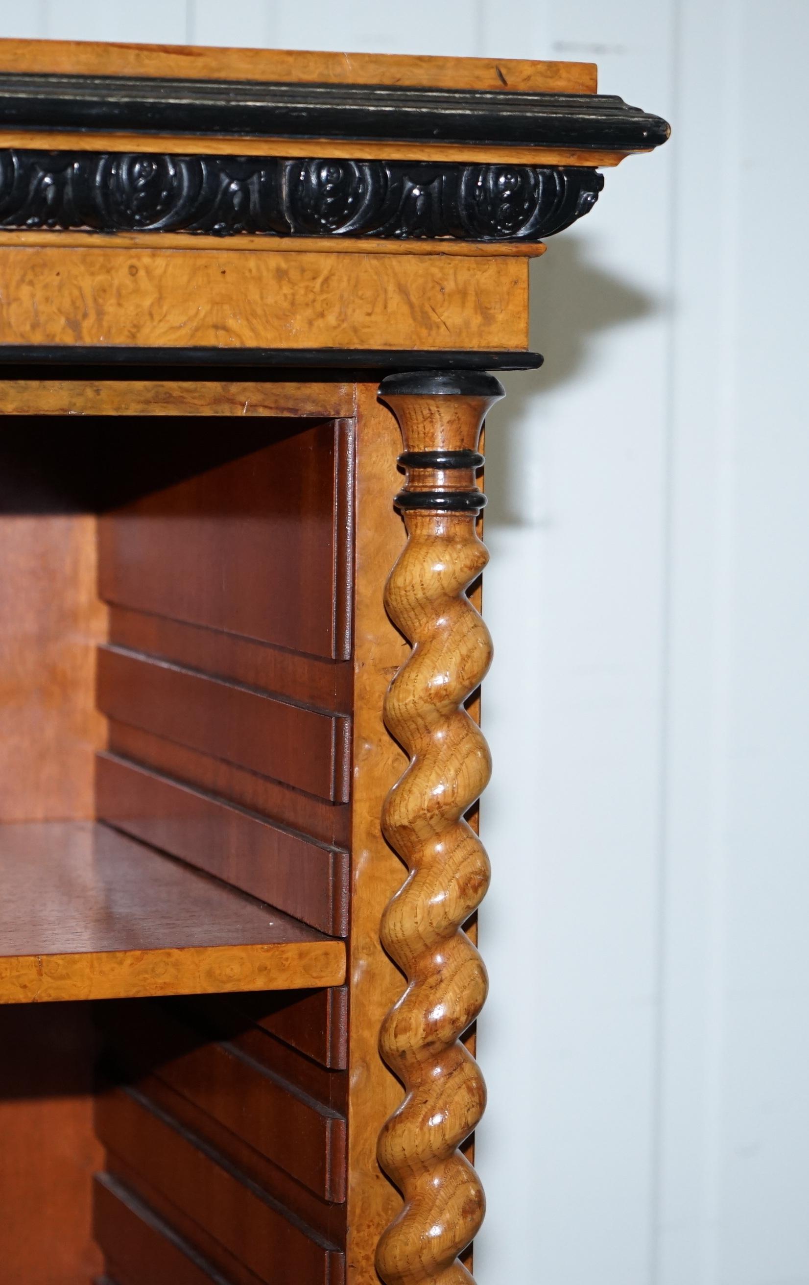 20th Century Stunning Burr Walnut Break Front Open Bookcase Sideboard Ebonized Barley Twist