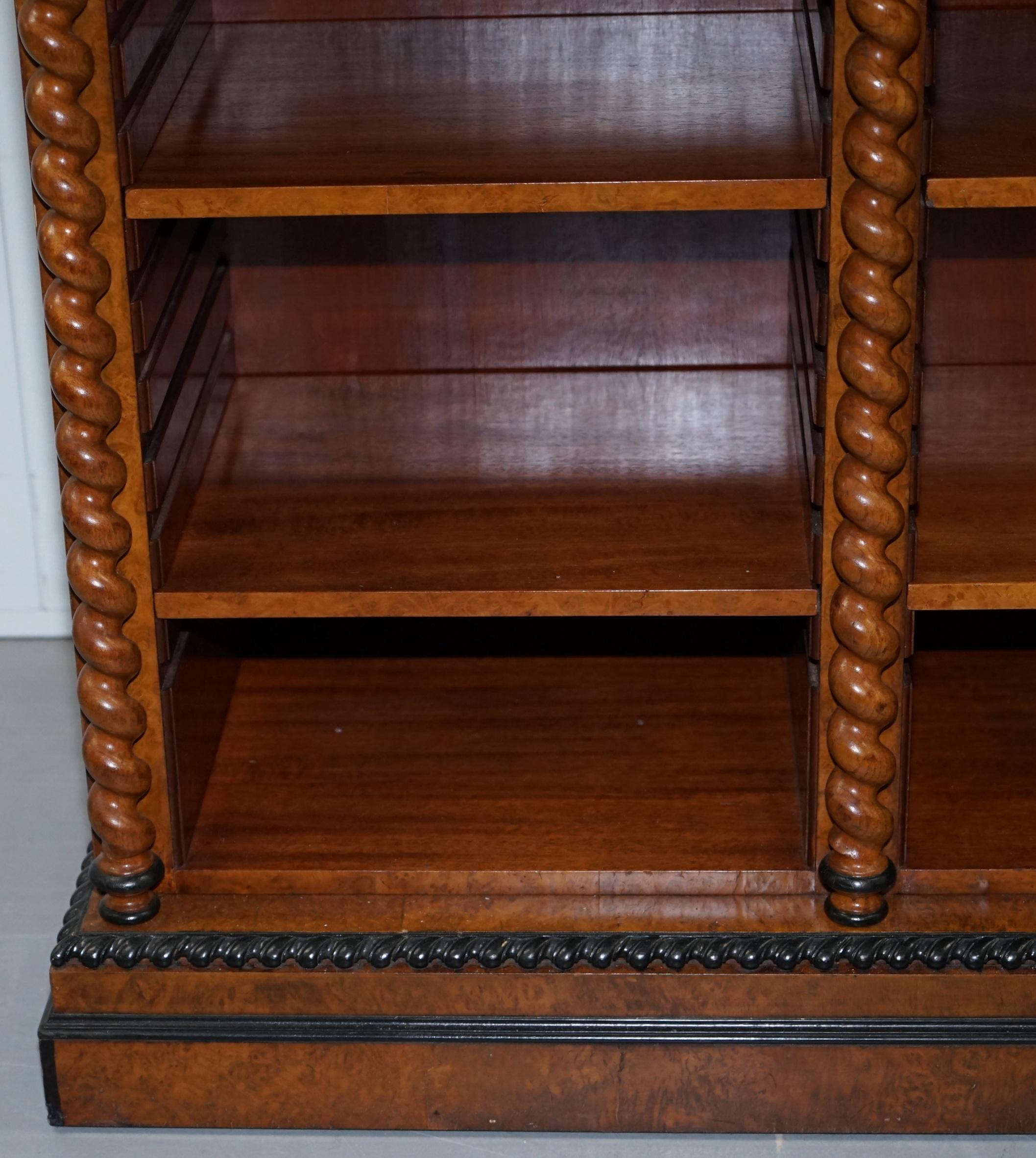 Stunning Burr Walnut Break Front Open Bookcase Sideboard Ebonized Barley Twist 7