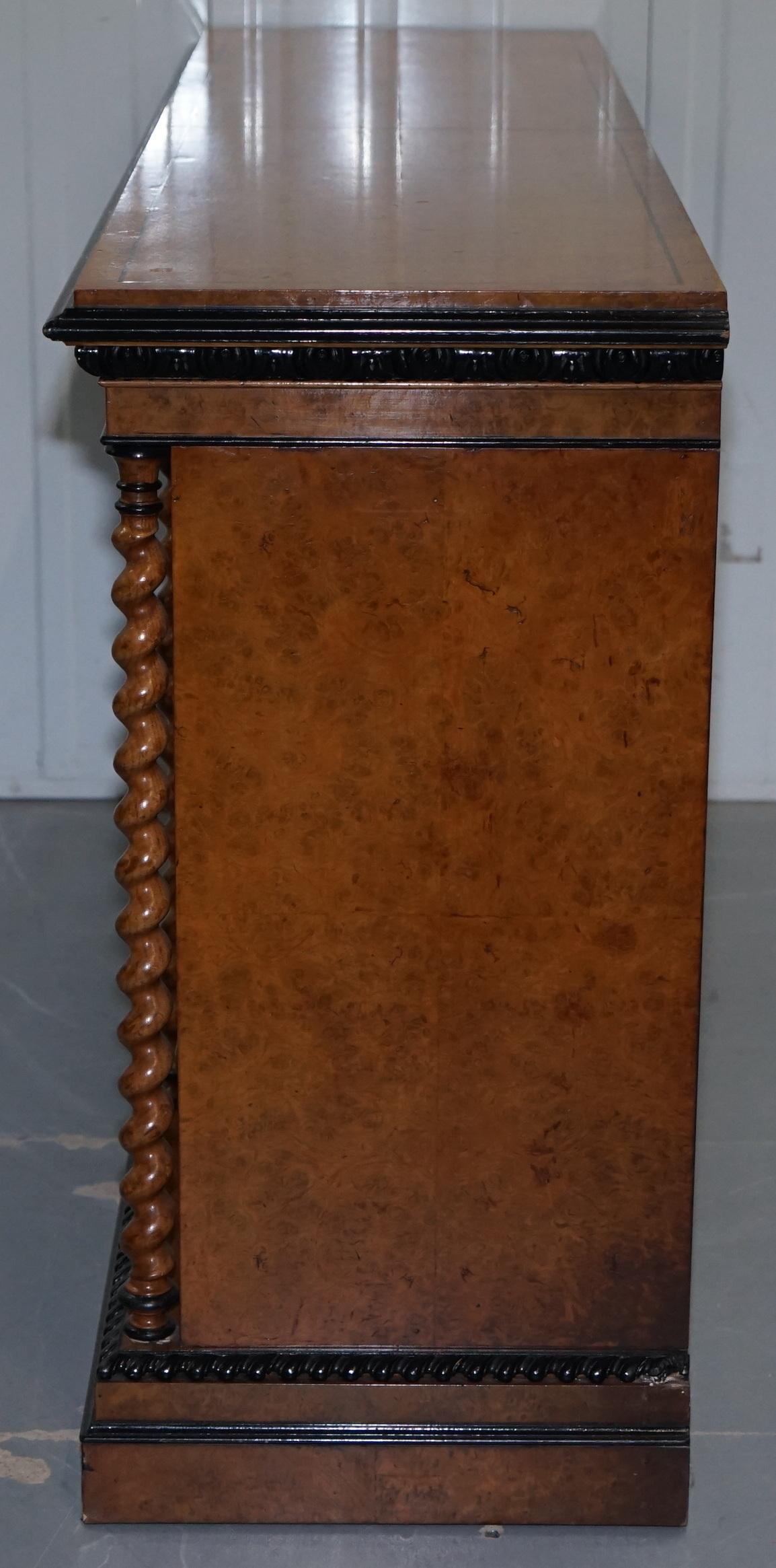 Stunning Burr Walnut Break Front Open Bookcase Sideboard Ebonized Barley Twist 8
