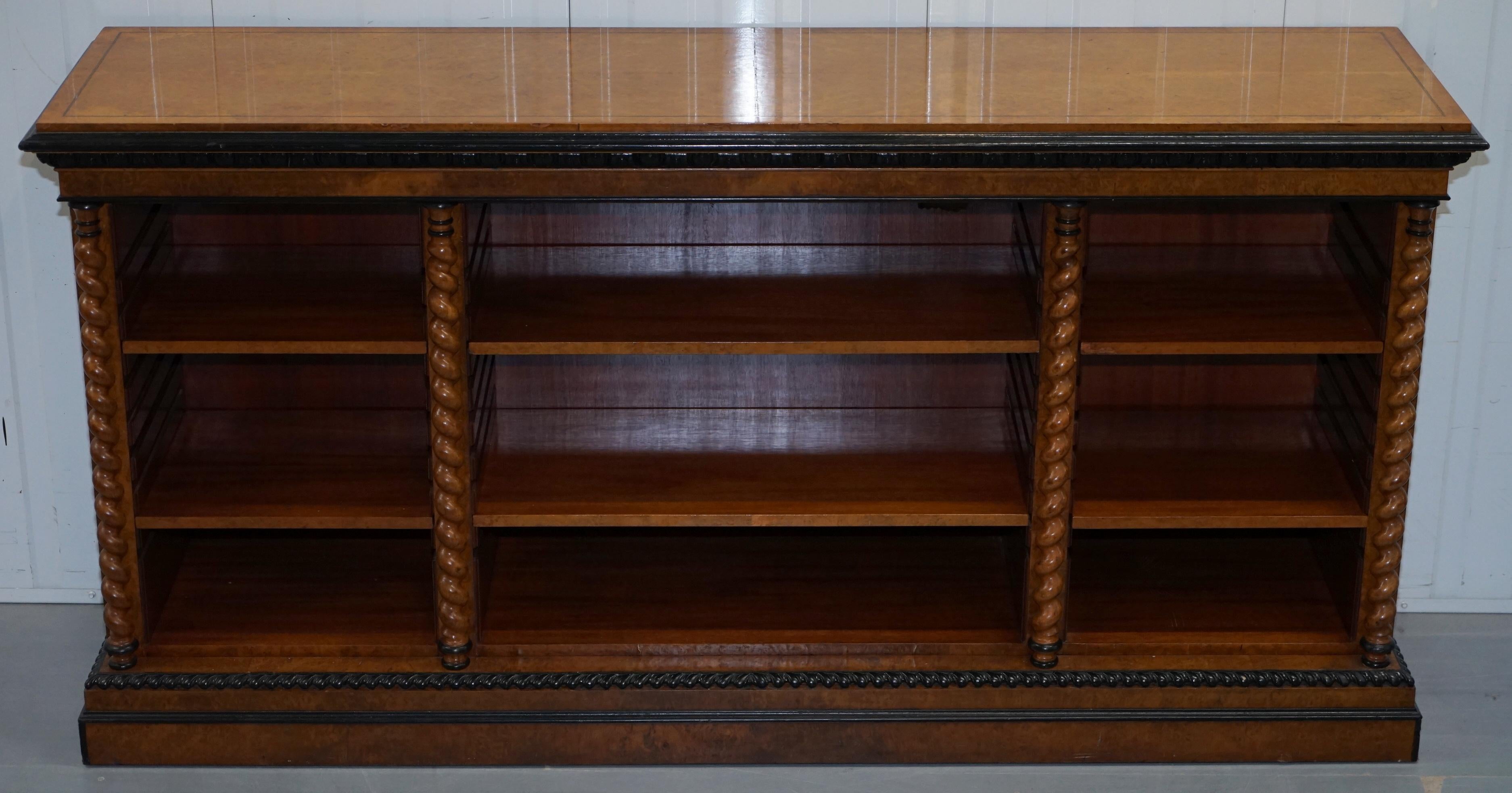 We are delighted to offer for sale this lovely burr walnut Veneer break front sideboard bookcase with ebonized barley twist columns 

A very good looking and decorative piece, rare to find with the breakfront and I’ve never seen Victorian style