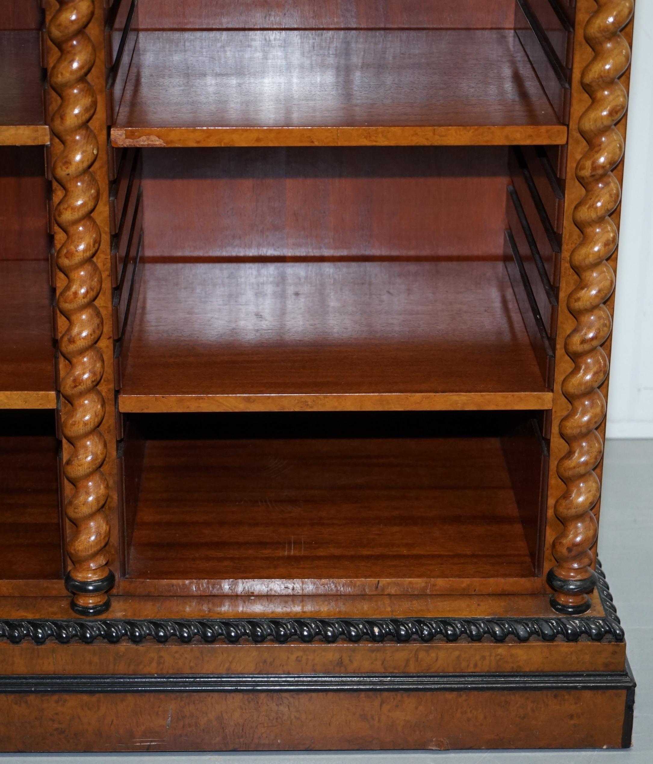 Stunning Burr Walnut Break Front Open Bookcase Sideboard Ebonized Barley Twist In Good Condition In West Sussex, Pulborough