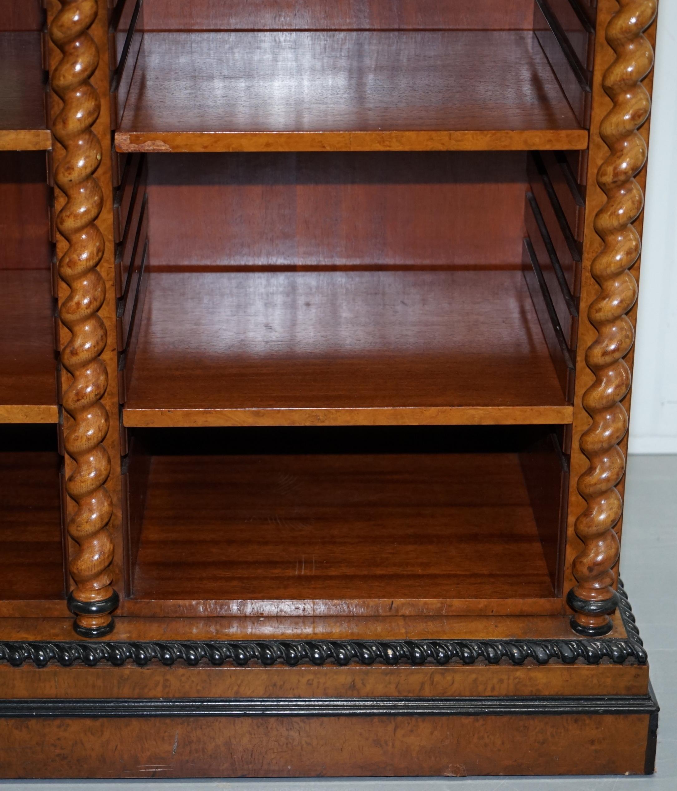 20th Century Stunning Burr Walnut Break Front Open Bookcase Sideboard Ebonized Barley Twist