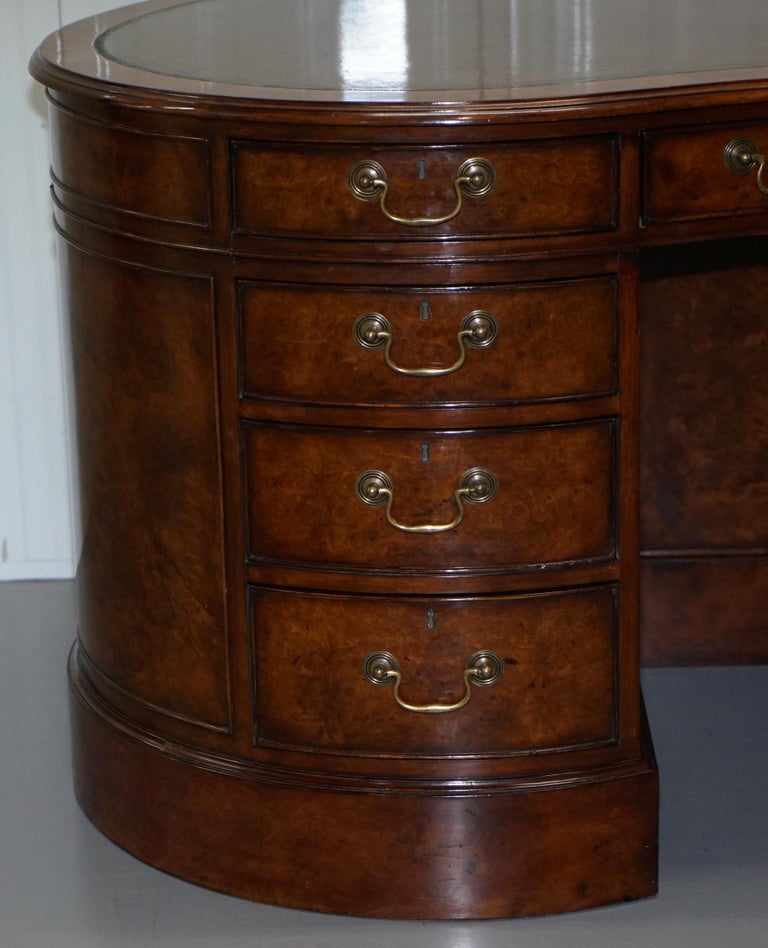 Stunning Burr Walnut Kidney Desk Built in Bookcase Shelf Brown Leather