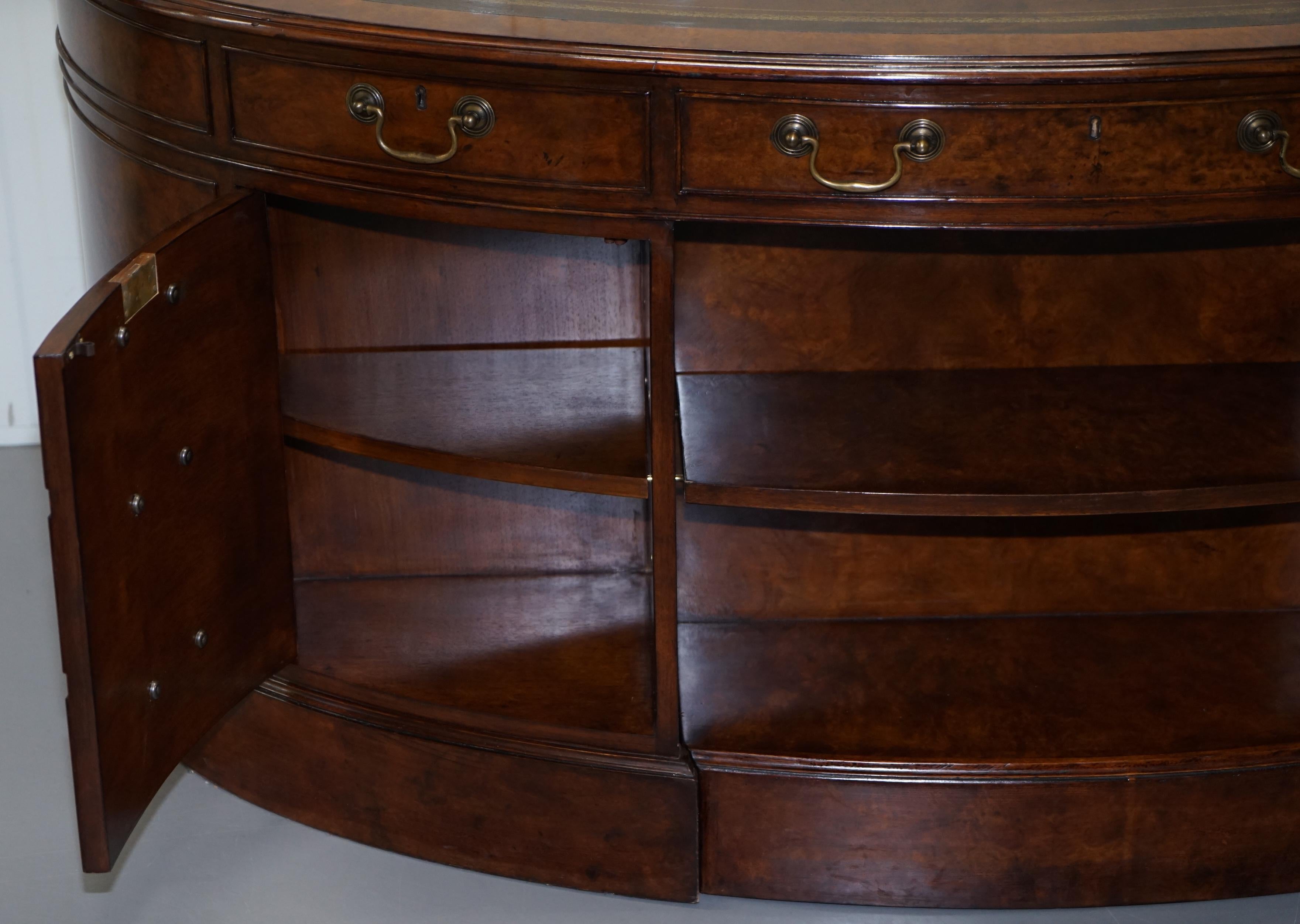 Stunning Burr Walnut Kidney Desk Built in Bookcase Shelf Brown Leather Surface 10