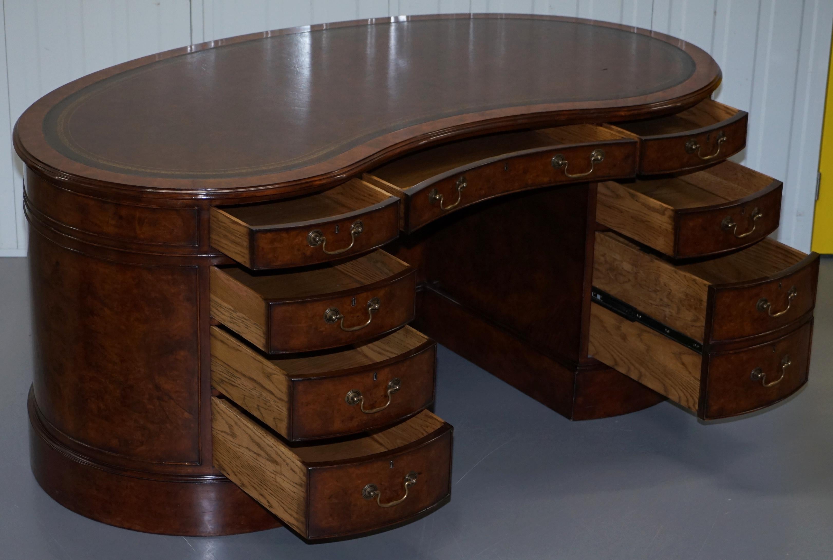 Stunning Burr Walnut Kidney Desk Built in Bookcase Shelf Brown Leather Surface 11