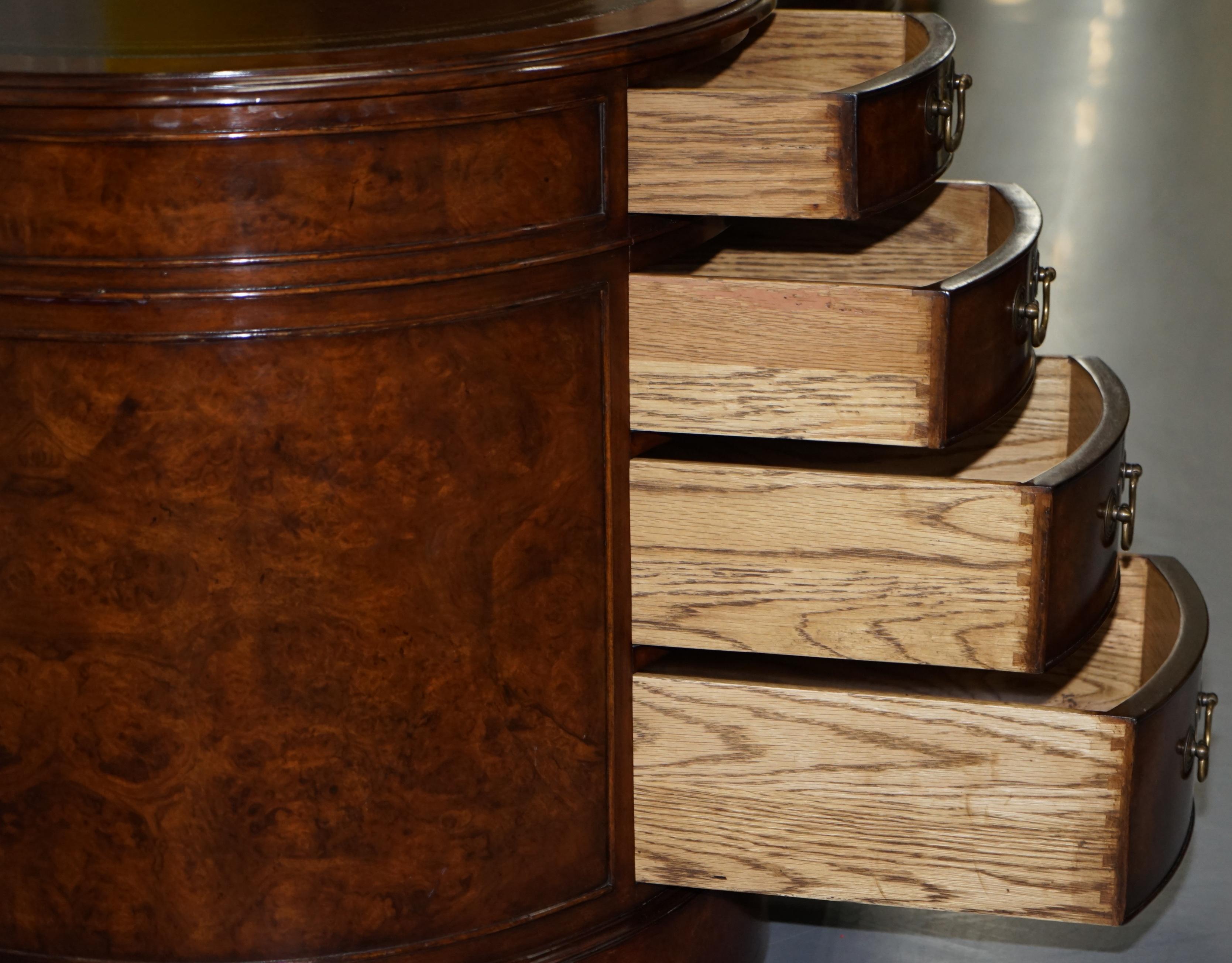 Stunning Burr Walnut Kidney Desk Built in Bookcase Shelf Brown Leather Surface 14