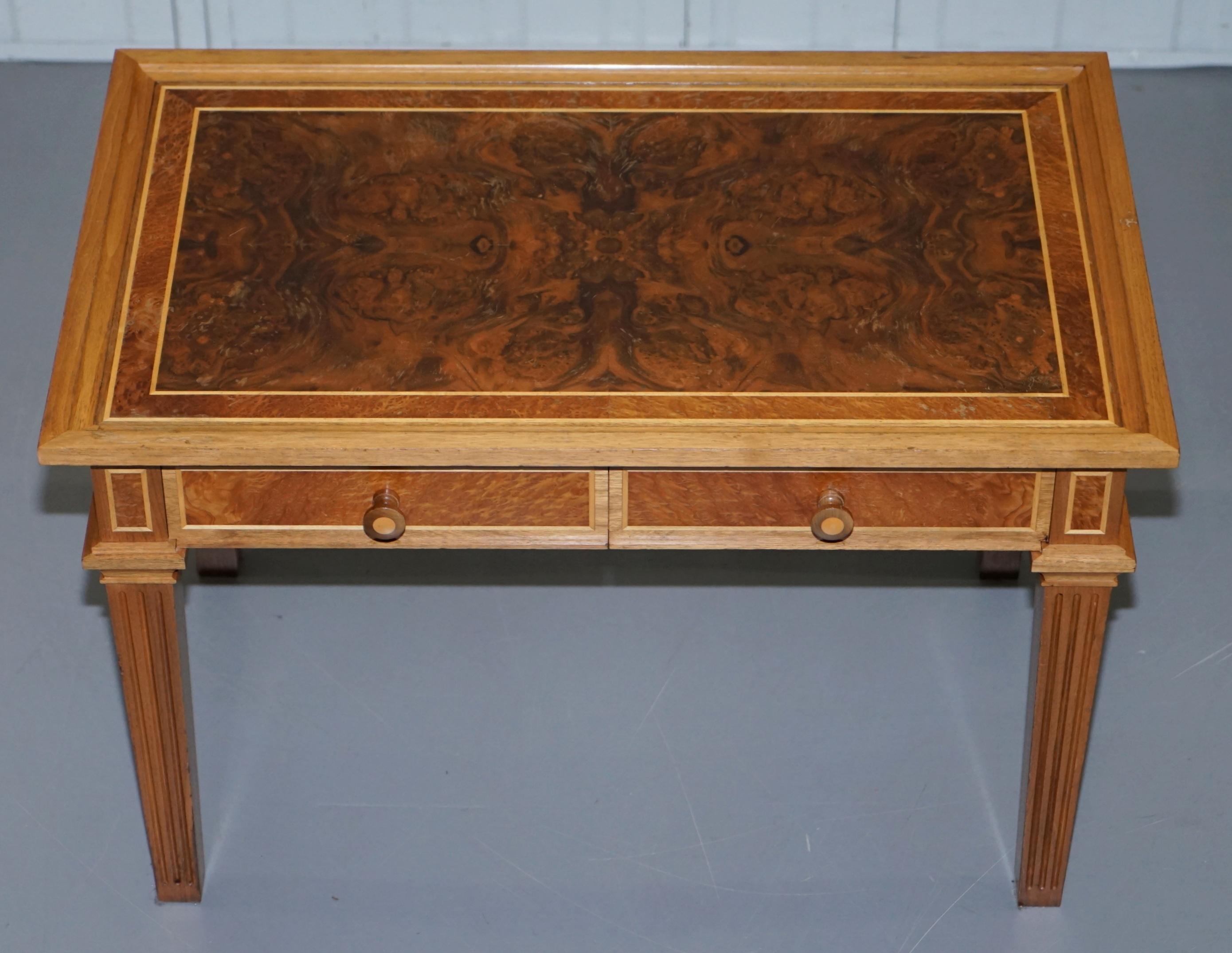 Regency Stunning Burr Walnut Kidney Desk Built in Bookcase Shelf Brown Leather Surface