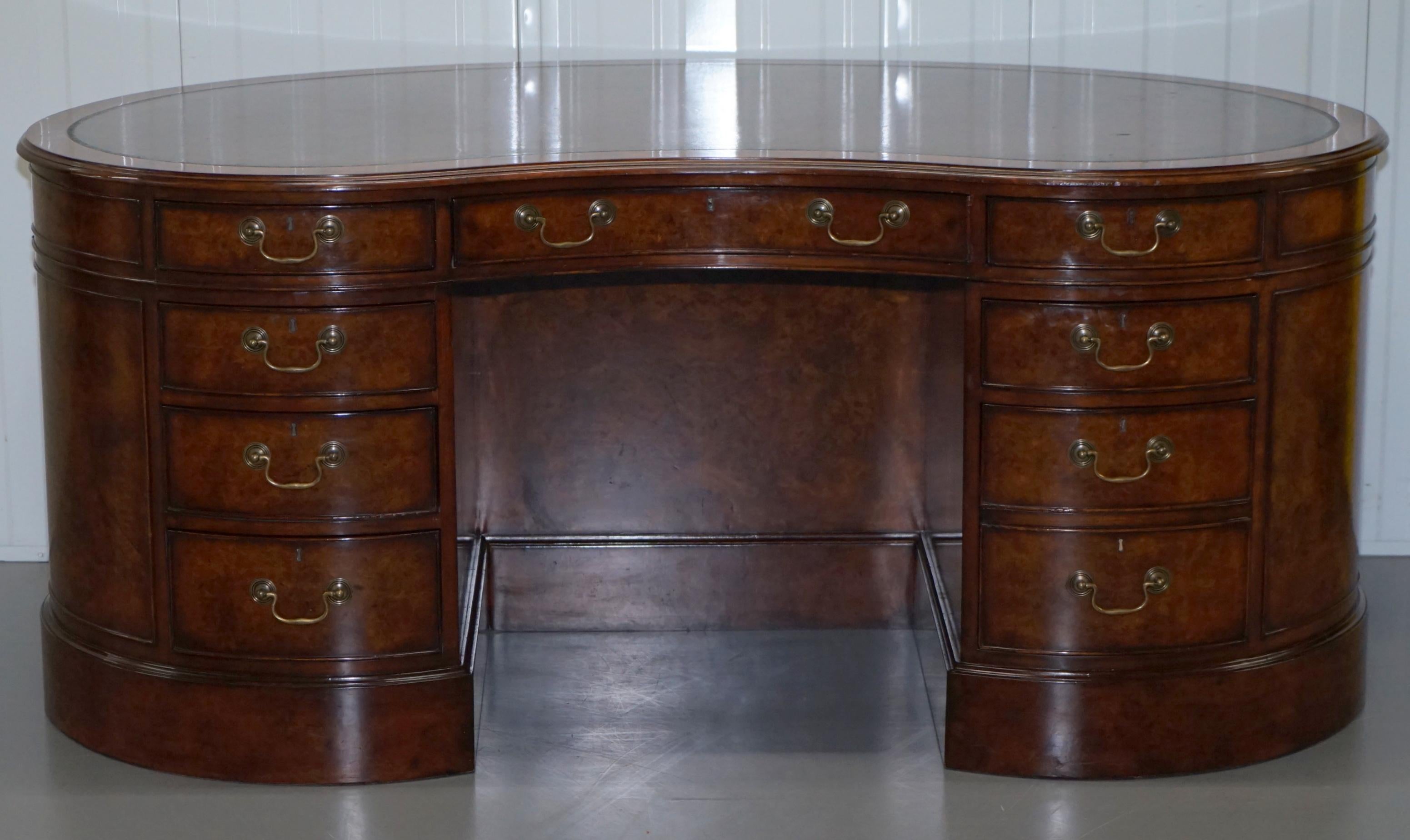 Victorian Stunning Burr Walnut Kidney Desk Built in Bookcase Shelf Brown Leather Surface