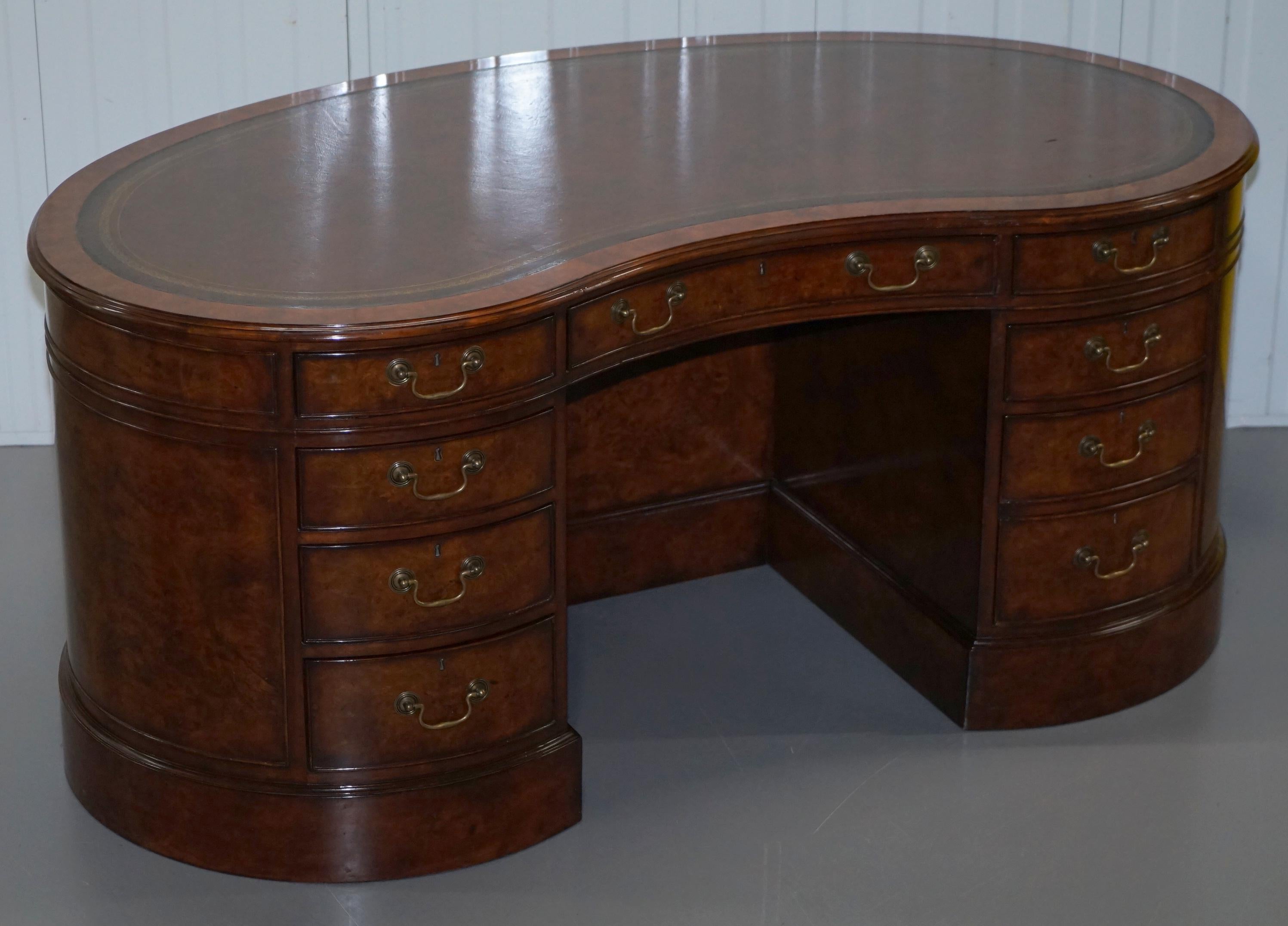 English Stunning Burr Walnut Kidney Desk Built in Bookcase Shelf Brown Leather Surface