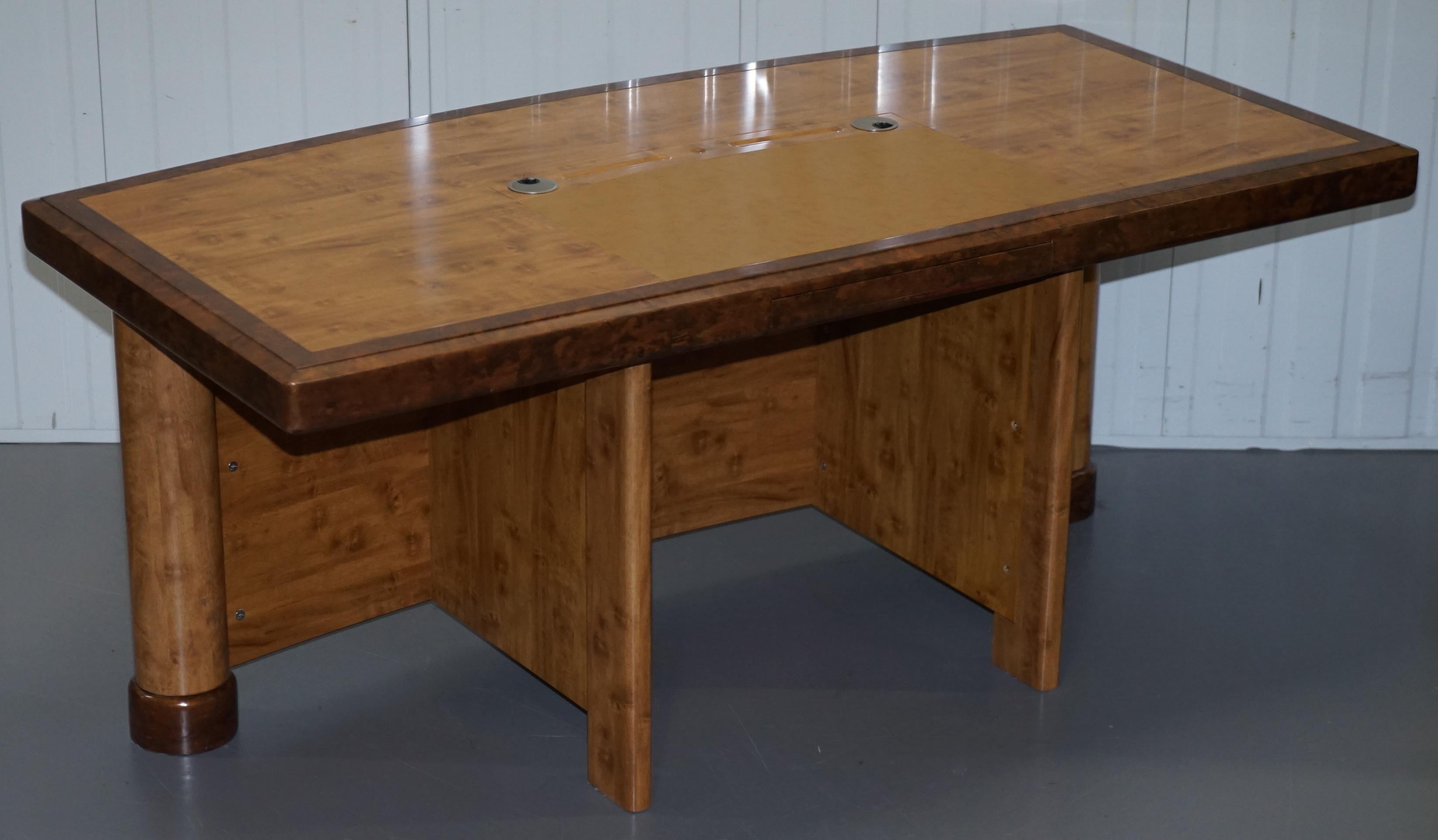 We are delighted to offer for sale this stunning burr walnut Directors desk

This lovely desk is of a suite, I have the matching side cabinet and small sideboard sized filing cabinet as well

This piece is in perfect condition, it designed to be
