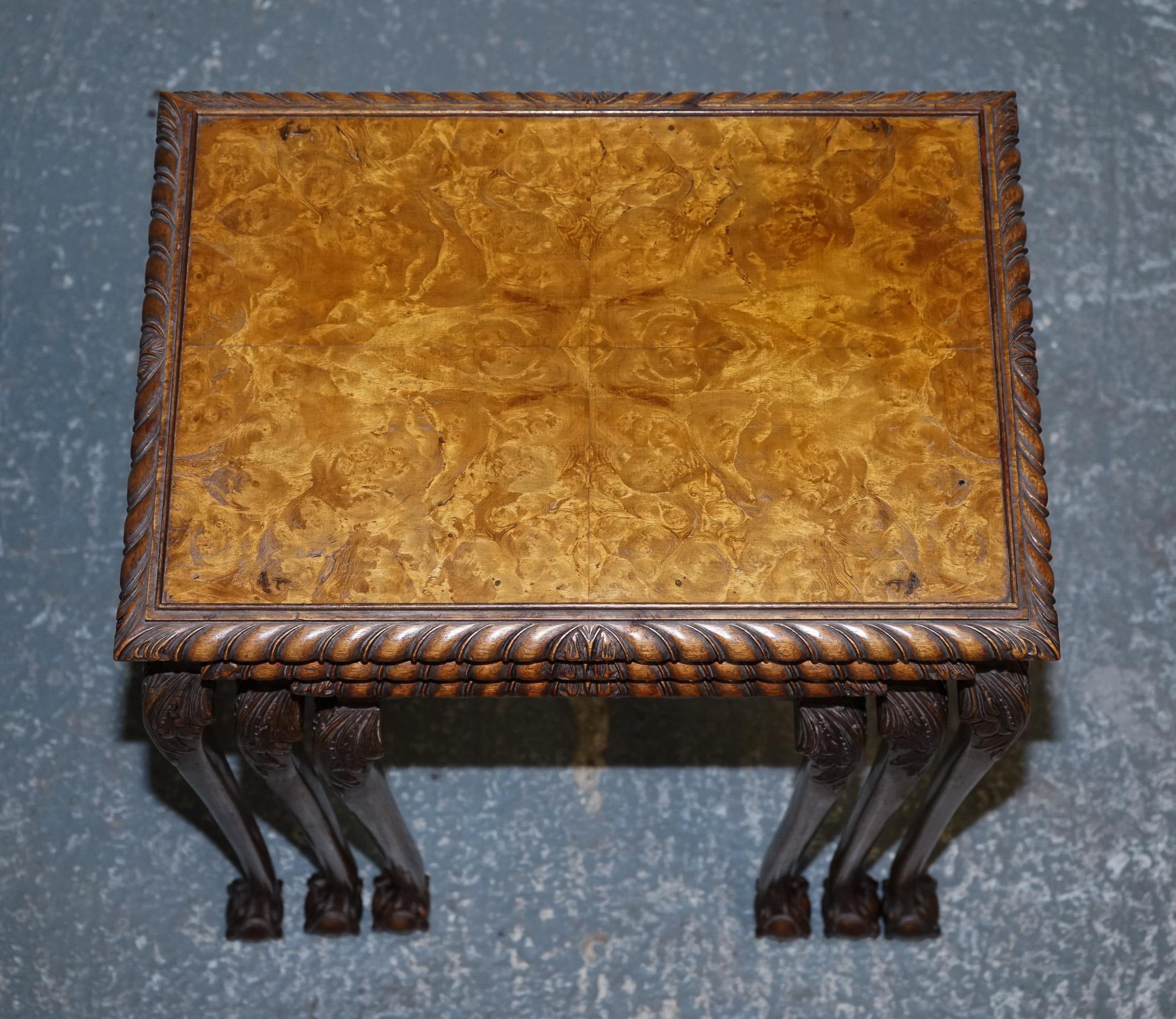 STUNNiNG BURR WALNUT NEST OF  THREE TABLES CARVED CLAW & BALL FEET For Sale 4