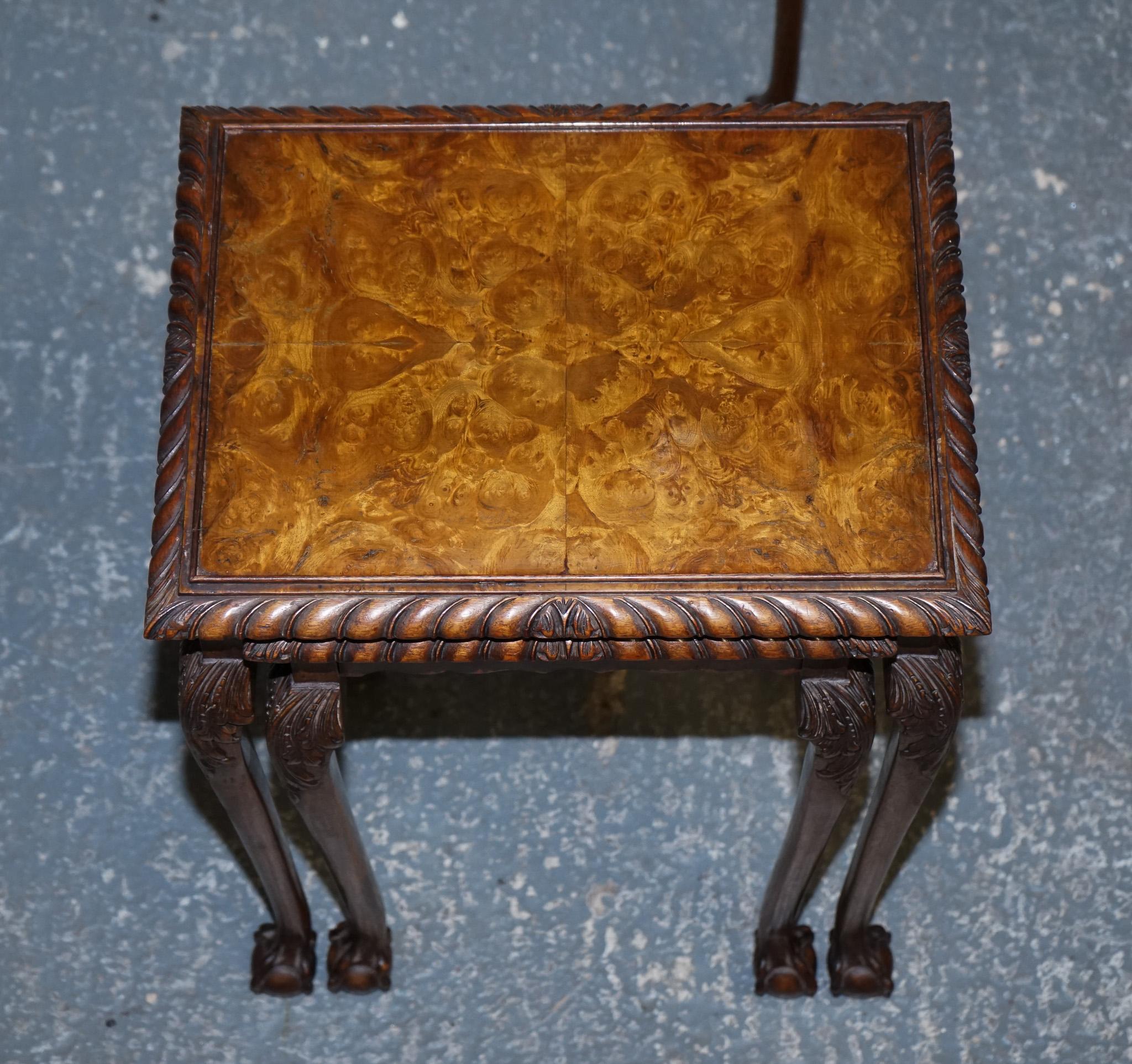 STUNNiNG BURR WALNUT NEST OF  THREE TABLES CARVED CLAW & BALL FEET For Sale 5