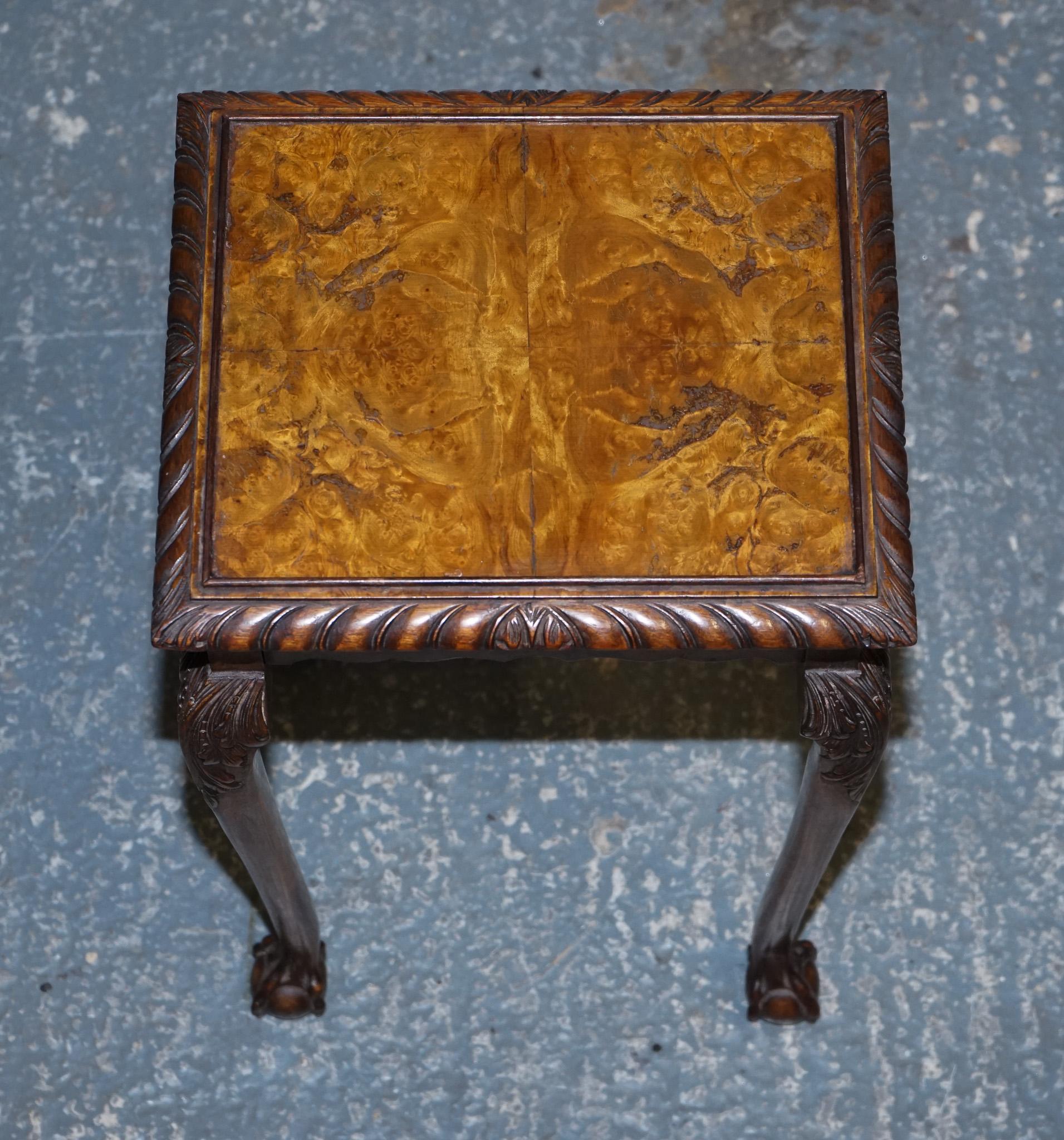 STUNNiNG BURR WALNUT NEST OF  THREE TABLES CARVED CLAW & BALL FEET For Sale 6